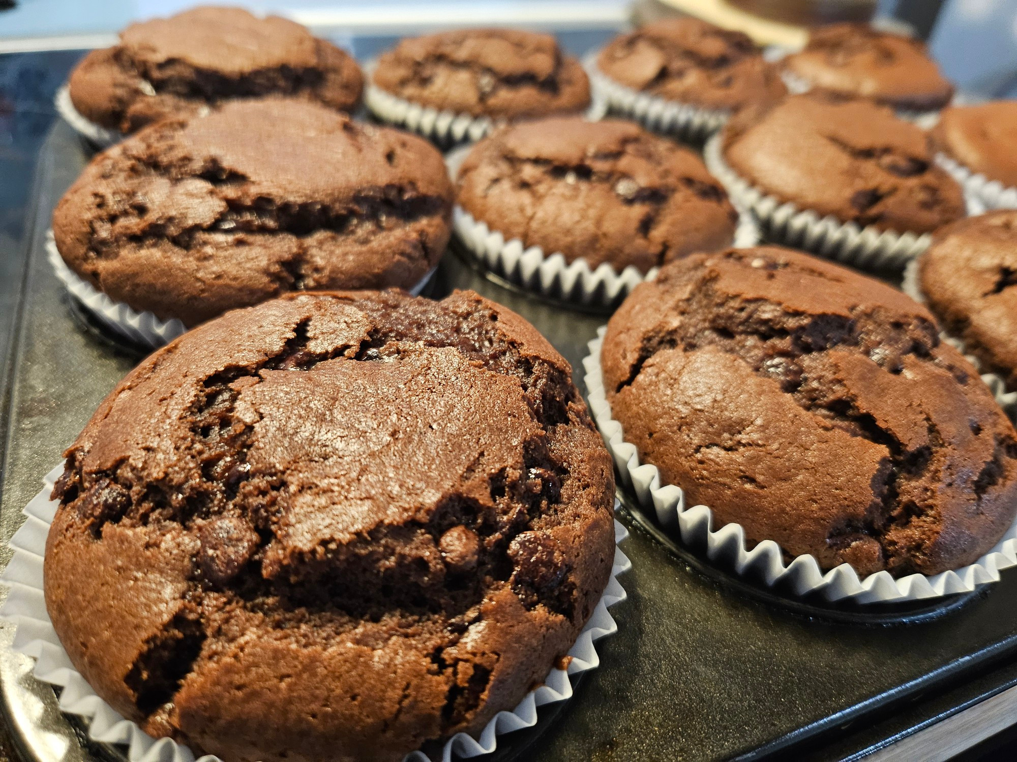 A photograph of freshly baked chocolate muffins in a tray. The tops are cracked and look extremely spongy.