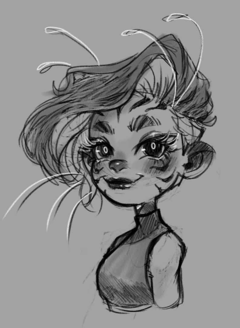 A black and white chibi bust sketch of Taeng, a faeger (fae tiger). She has short hair, with a big whoosh in her fringe, stripes on her face and whiskers and antennae. 