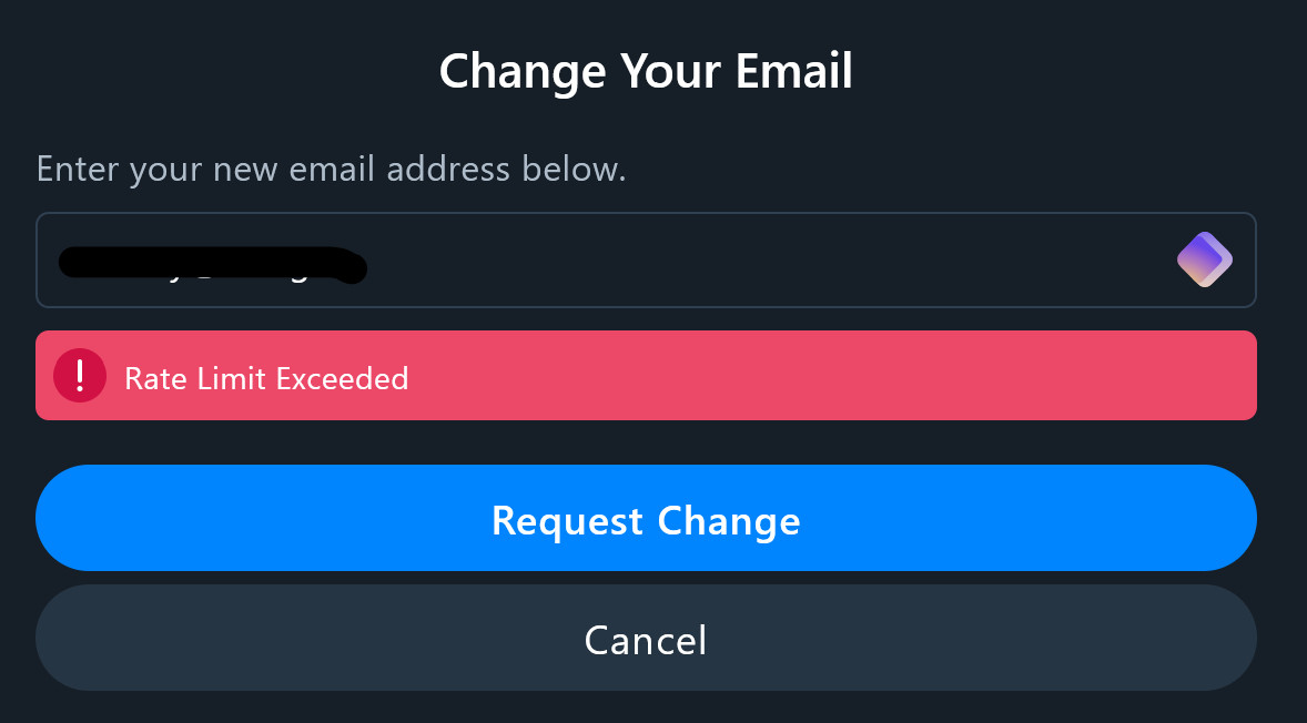 A screenshot of the Bluesky "Change your Email" modal, with a bright red bar indicating a "Rate Limit Exceeded" error