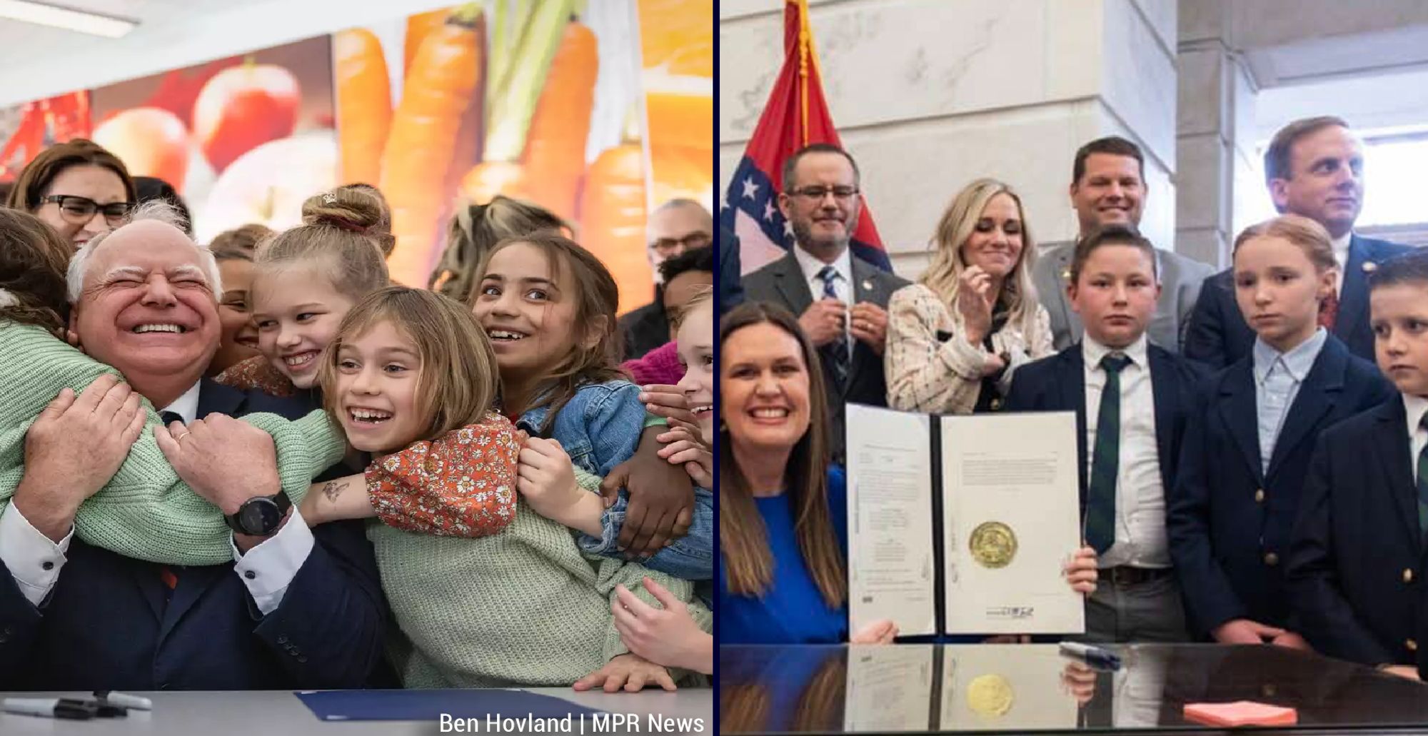 Contrast kid loving Gov. #TimWalz surrounded by kids from March 2023 when he signed a bill into law to provide breakfasts & lunches at no charge to students at participating schools 
https://www.mprnews.org/story/2023/03/17/gov-signs-universal-school-meals-bill-into-law 
Photo Ben Hovland, MPR News 
 
 Gov.  Sanders Signing the Arkansas LEARNS Act. Notable 
Photo Arkansas Governor Office 
Content prohibitions: NO CRT!!  

Then, in March 2023, Gov. Sanders loosened #ChildLabor laws in a bill that eliminated a requirement that the state verify the age of children under 16 before companies can hire them. 
https://www.nbcnews.com/politics/politics-news/arkansas-gov-sanders-signs-measure-rolling-back-child-labor-protection-rcna73977