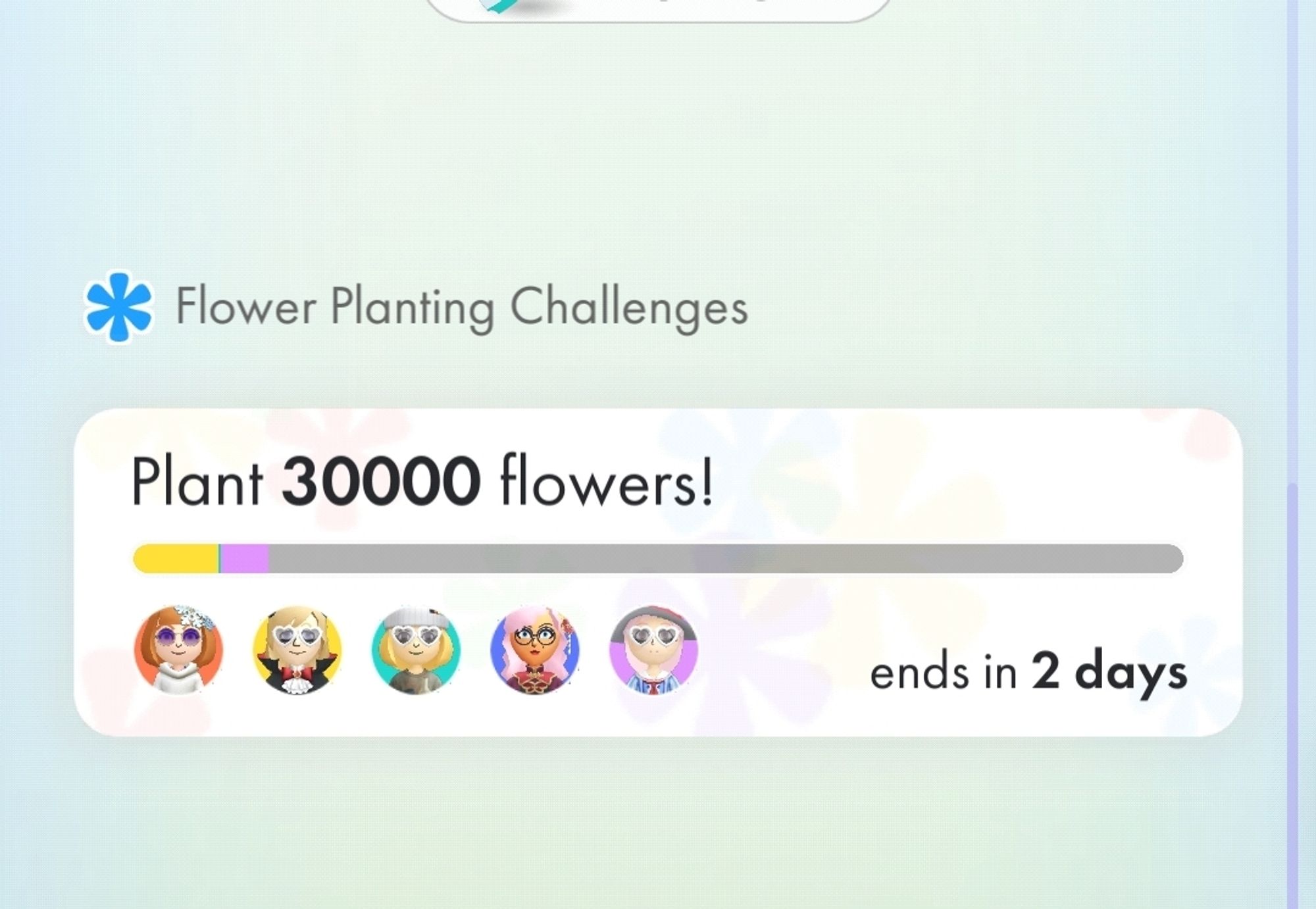 screenshot from pikmin bloom, showing marbledoll's group a little behind on the weekly flower planting challenge