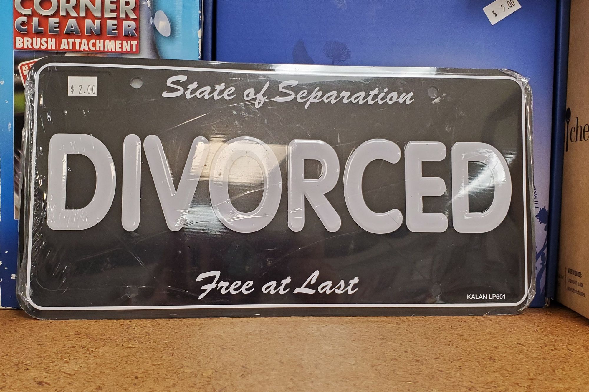 a novelty license plate that reads "state of separation DIVORCED free at last"