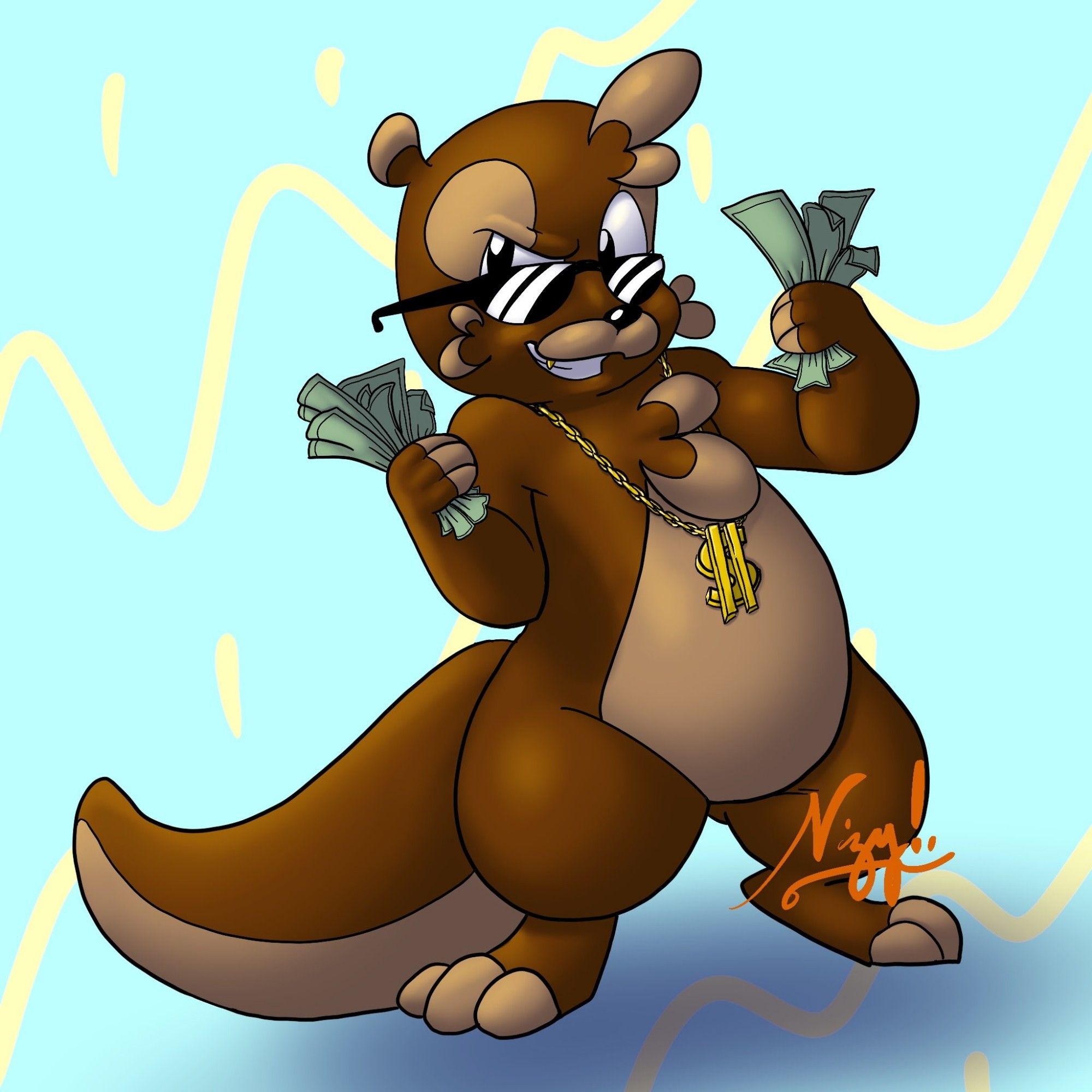 Cartoon otter holding dollar bills and wearing gold chains