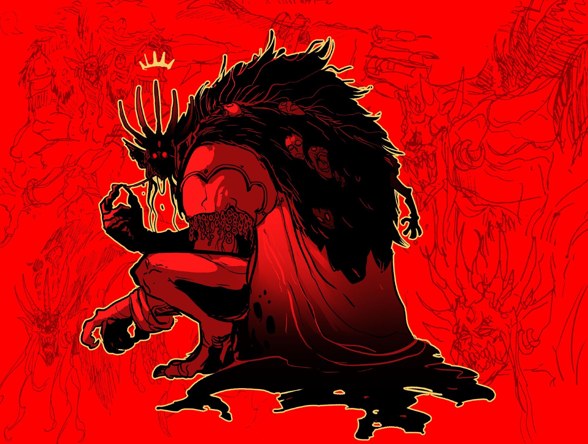 an image of ushoran from warhammer age of sigmar, a hulking ghoulish figure, draped in a cloak of writhing faces and bathed in grisly red. the background is  compiled of sketches of him from my sketchbook