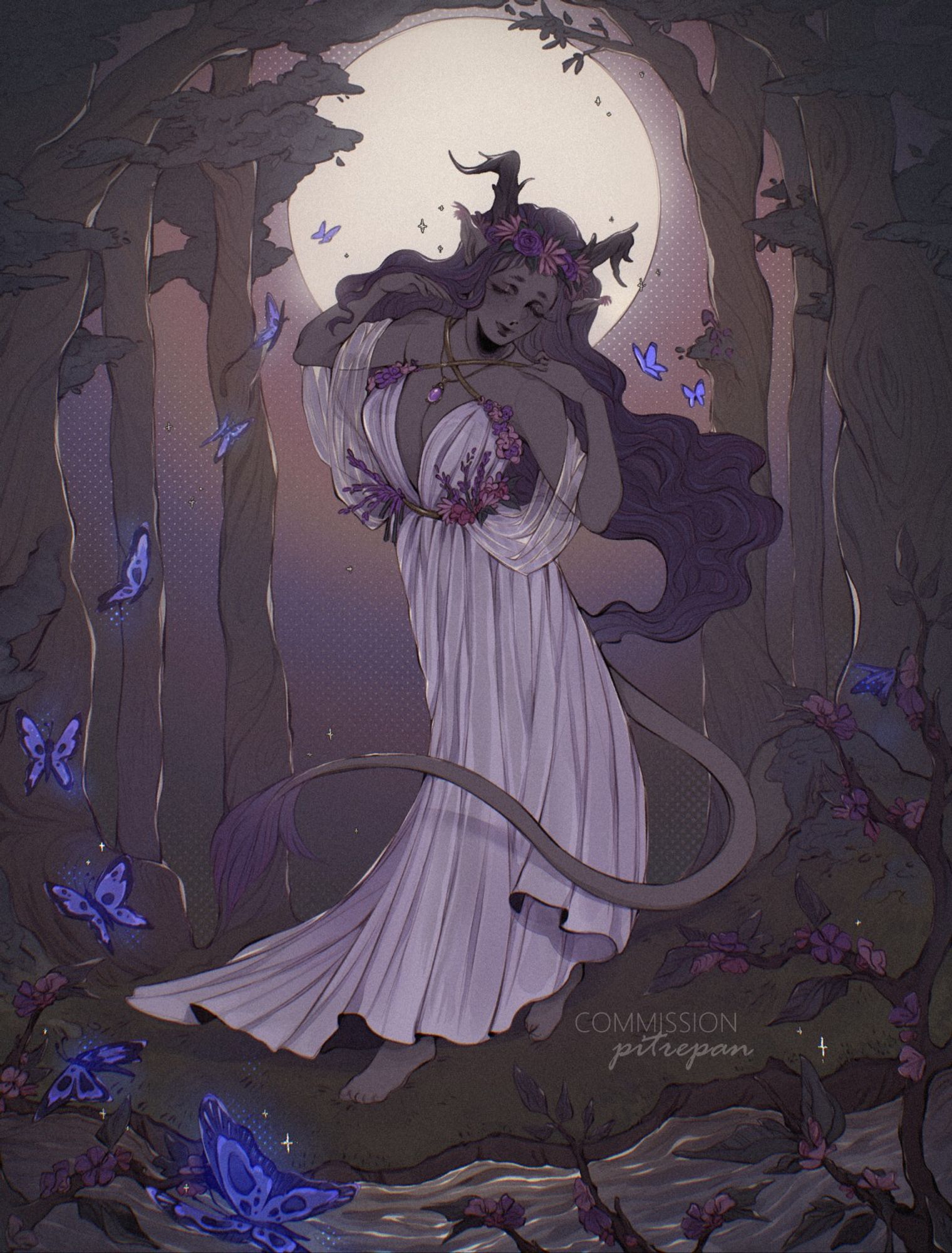 illustration of a woman standing in the woods in the moonlight, surrounded by foliage and butterflies