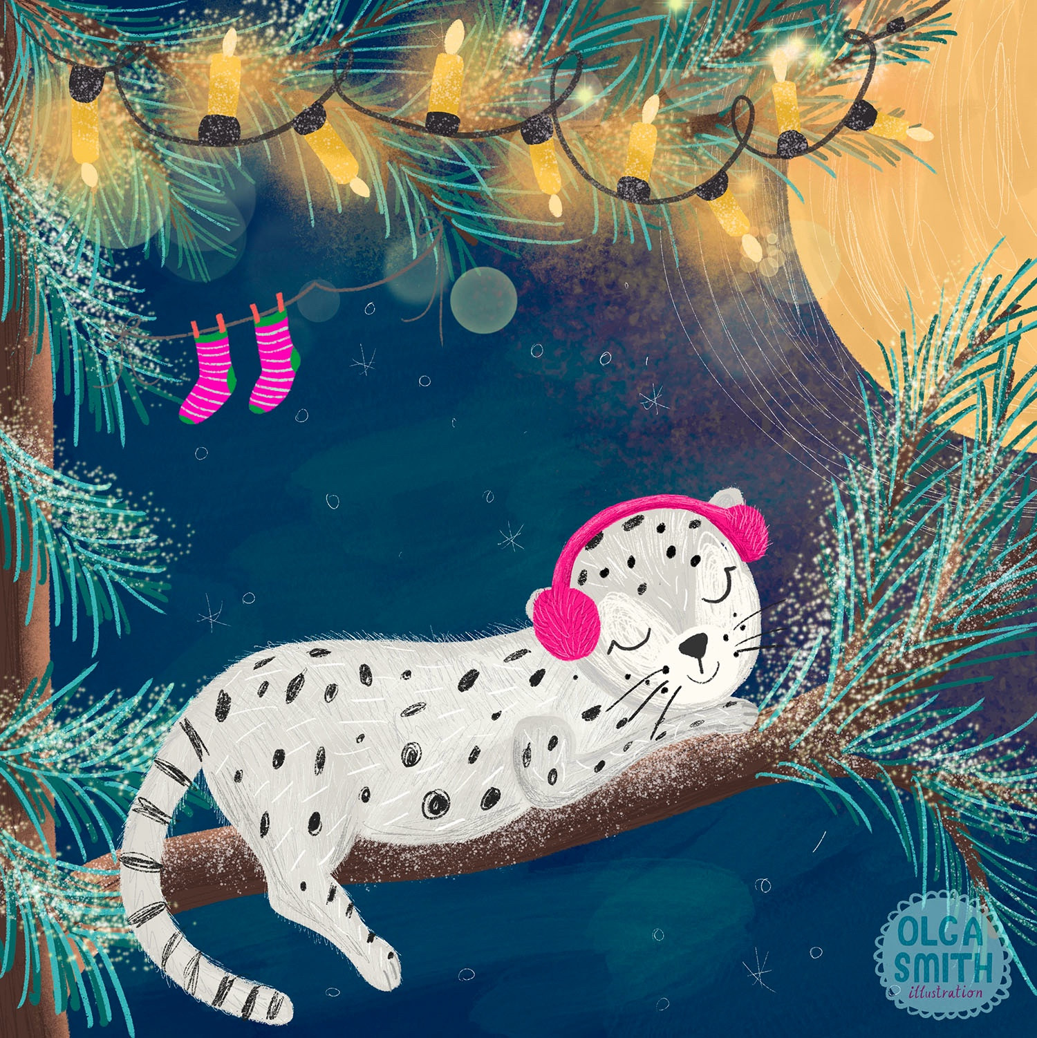 A white leopard is sleeping on a tree wearing pink headphones