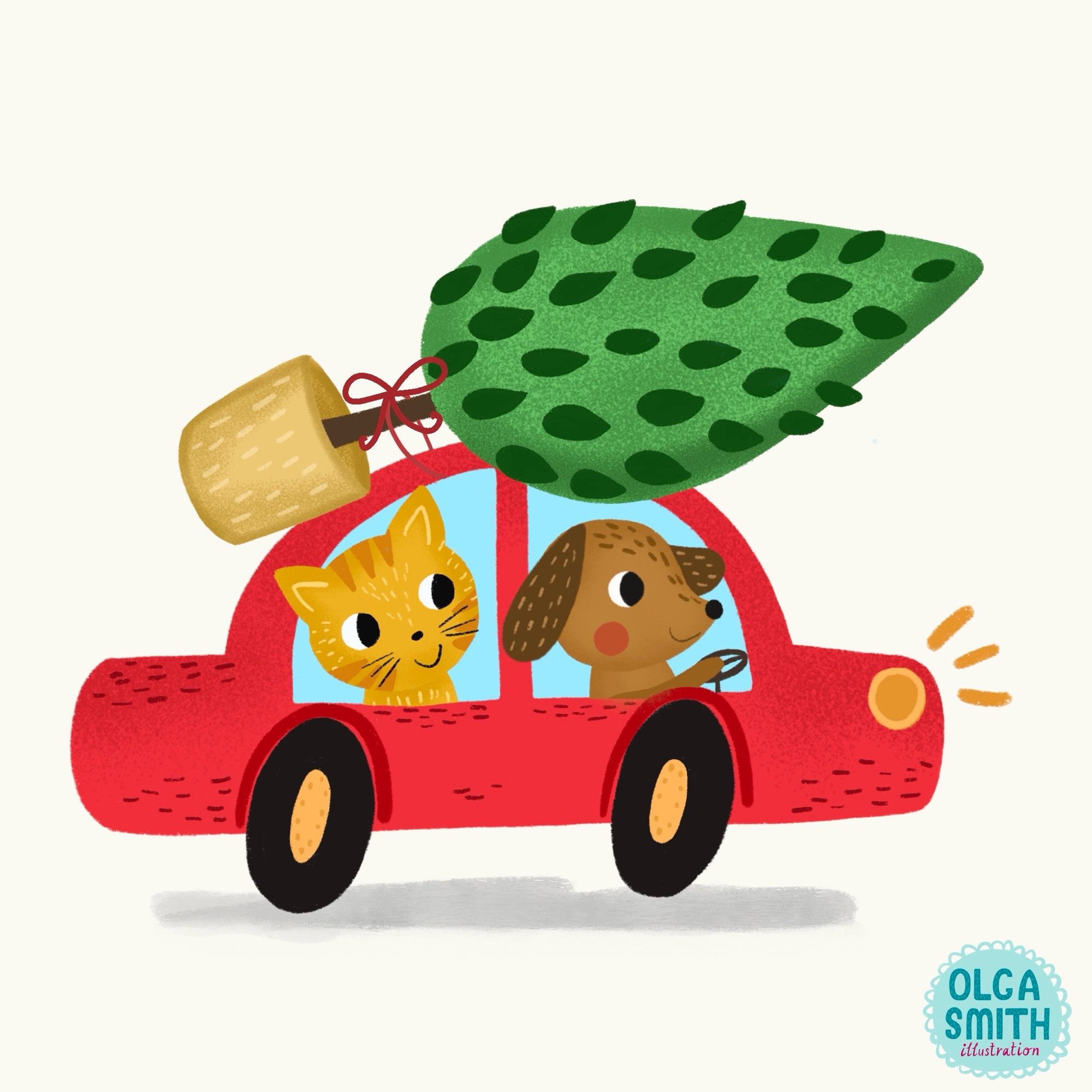 An illustration of a cat and a dog riding in a car, carrying a tree on top of the car