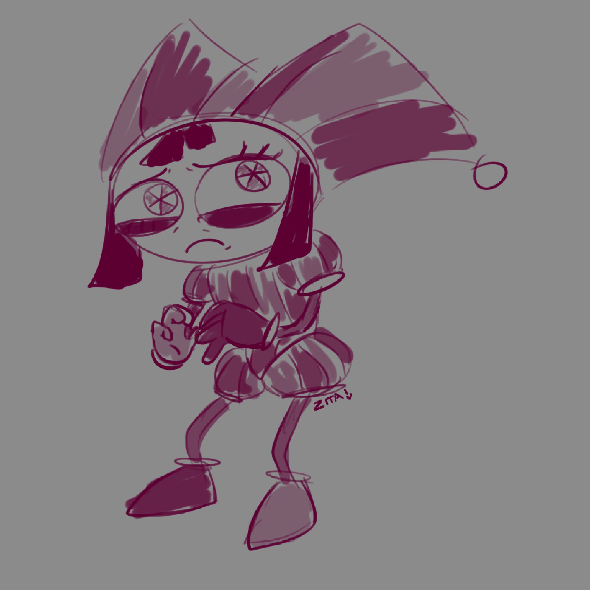 z A sad jester character (re)named Pomni hunches over in confusion while looking around her "new home".