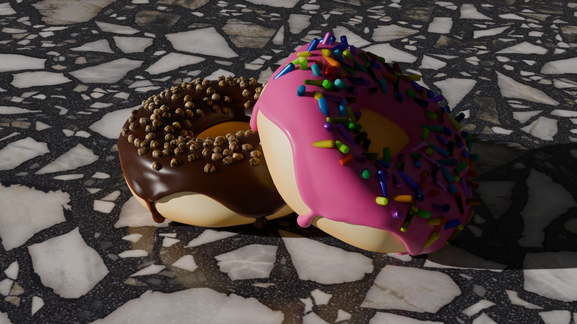 3D render of two glazed donuts on a countertop, made with Blender