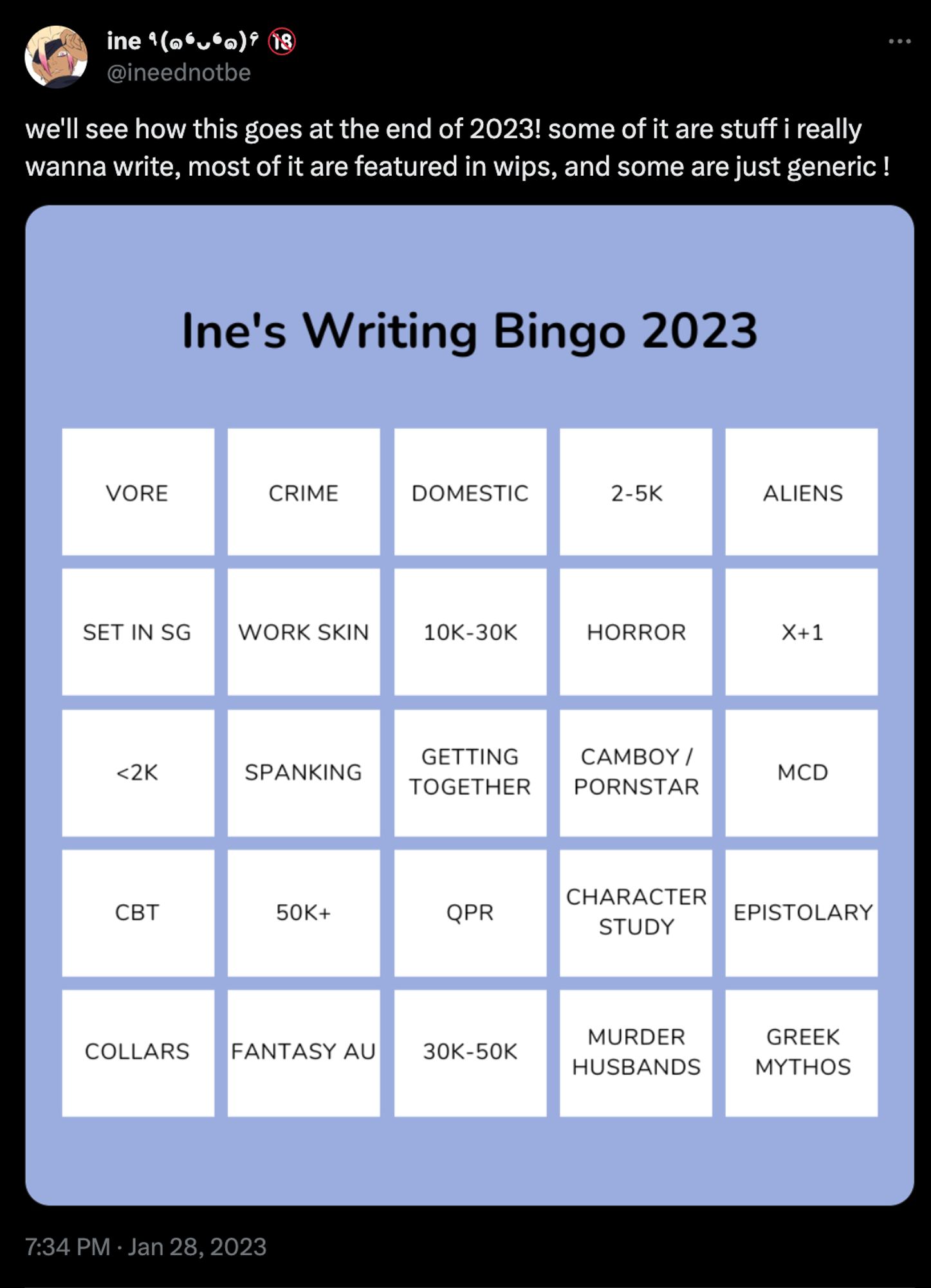 tweet with empty bingo as image and the text "we'll see how this goes at the end of 2023! some of it are stuff i really wanna write, most of it are featured in wips, and some are just generic !"