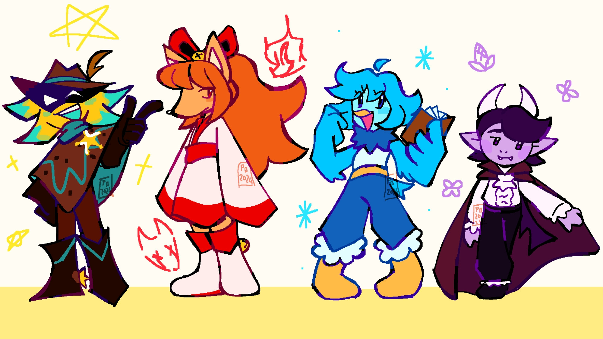 A character lineup featuring (in order) Starlo, Ceroba, Martlet and Dalv. Starlo is smiling, doing is iconic finger gun pose, Ceroba is standing and gazing up in a mysterious way, Martlet is holding her Royal Guard Protocol book while holding her fist up and beaming confidently, and Dalv is lifting his cape to reveal his tiny bat wings while looking away, grinning. 