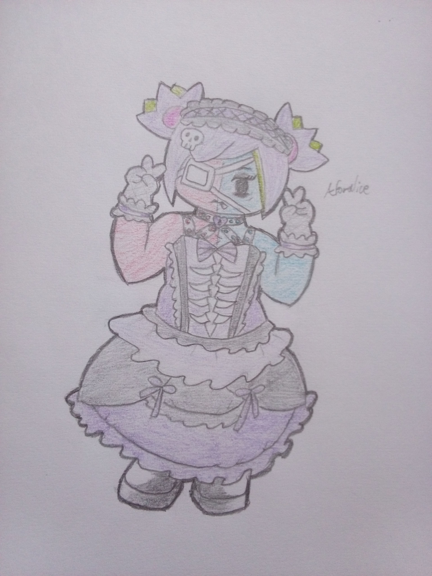 Zee (he/him) wearing a gothic lolita outfit while holding up double peace signs