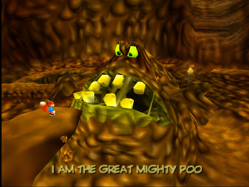 A feisty red squirrel faces up against an enormous opera singing pile of poo, with green eyes and sweetcorn for teeth, in a cavern of poo. Subtitles read “I am The Great Mighty Poo”