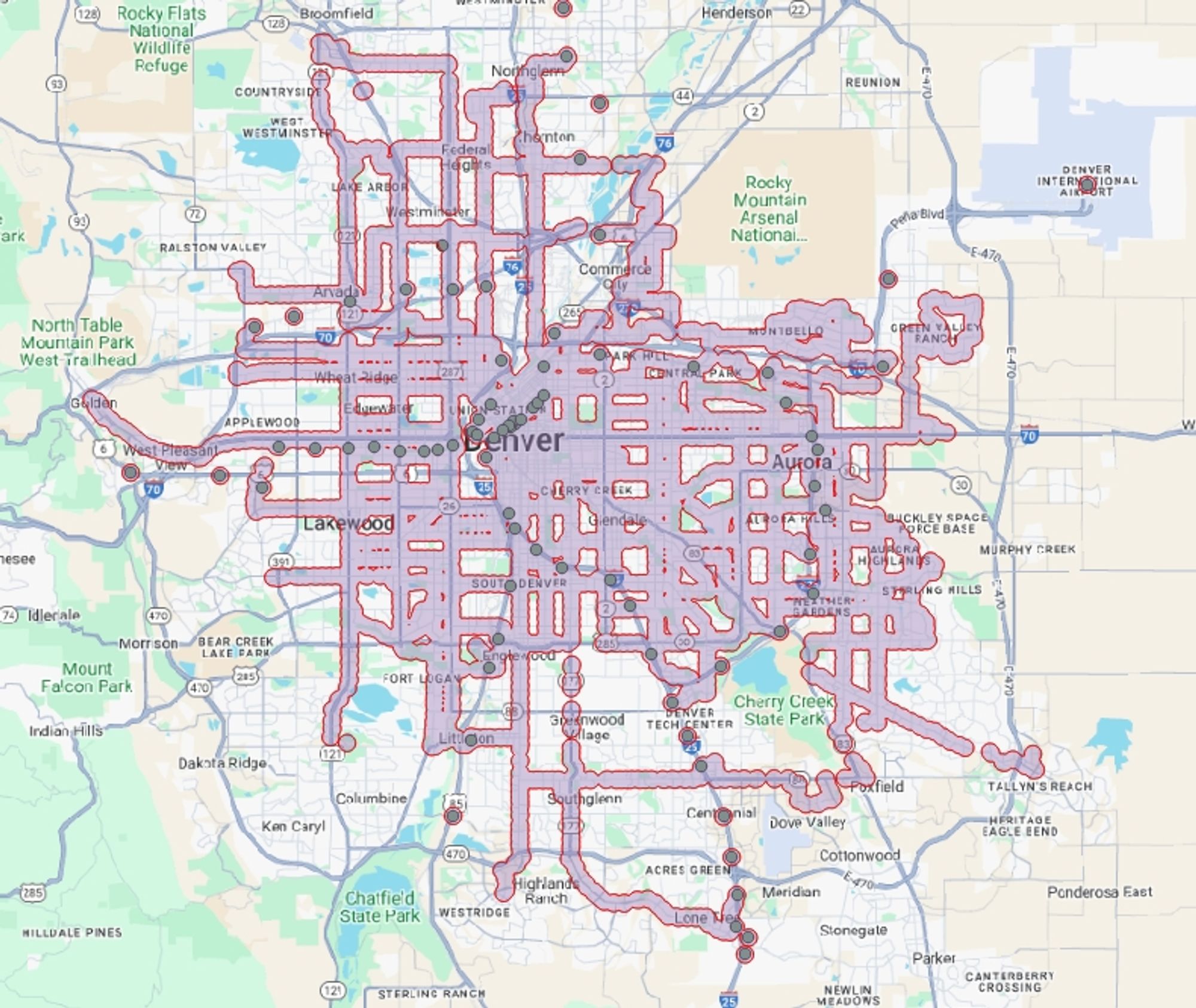 A map of the denver metro area with a significant amount of area highlighted in light purple.