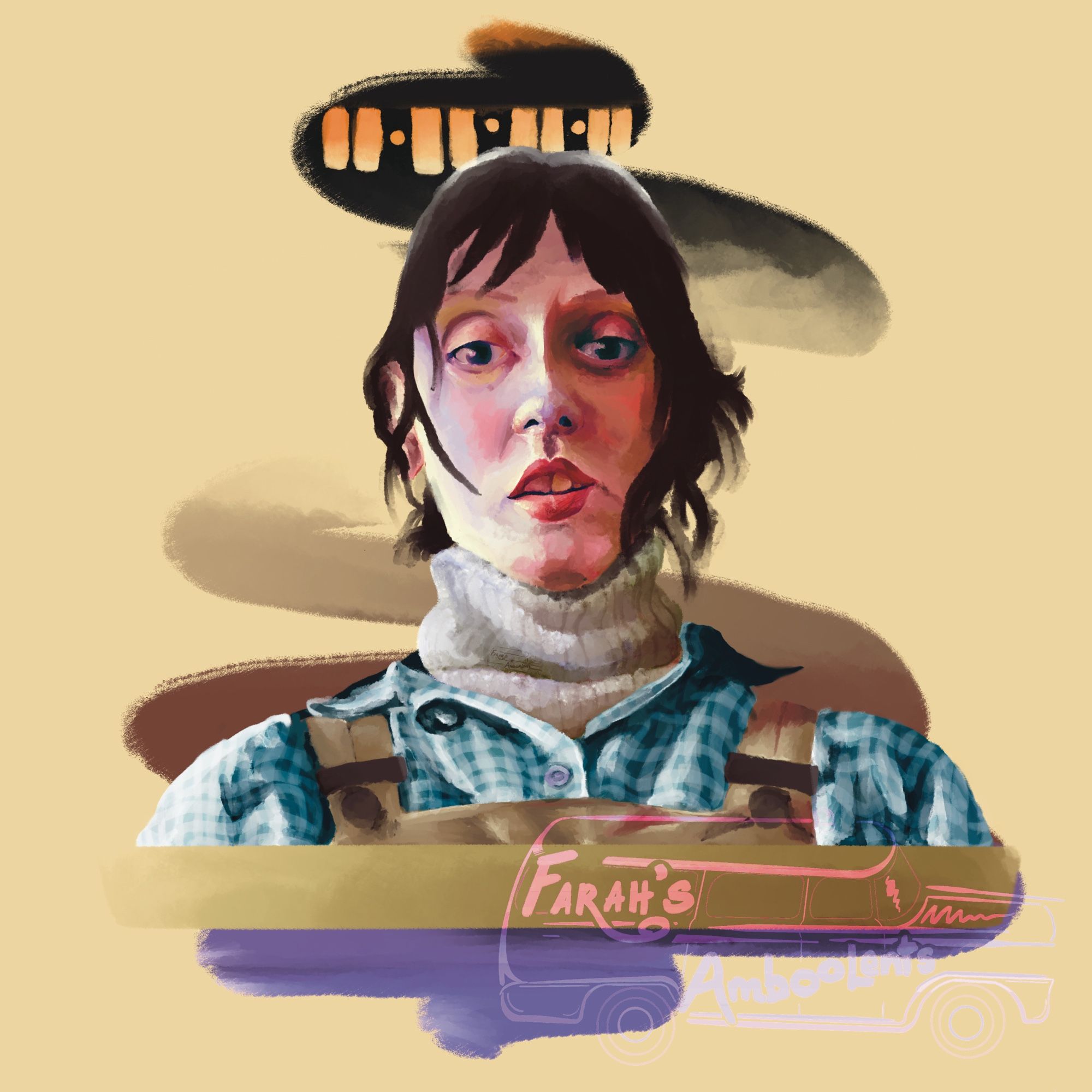 a digital portrait of Wendy from The Shining, from the scene in which she finds Jack’s typewriter. the style mimics oil paint. the background is a squiggle on top of a pale yellow background.