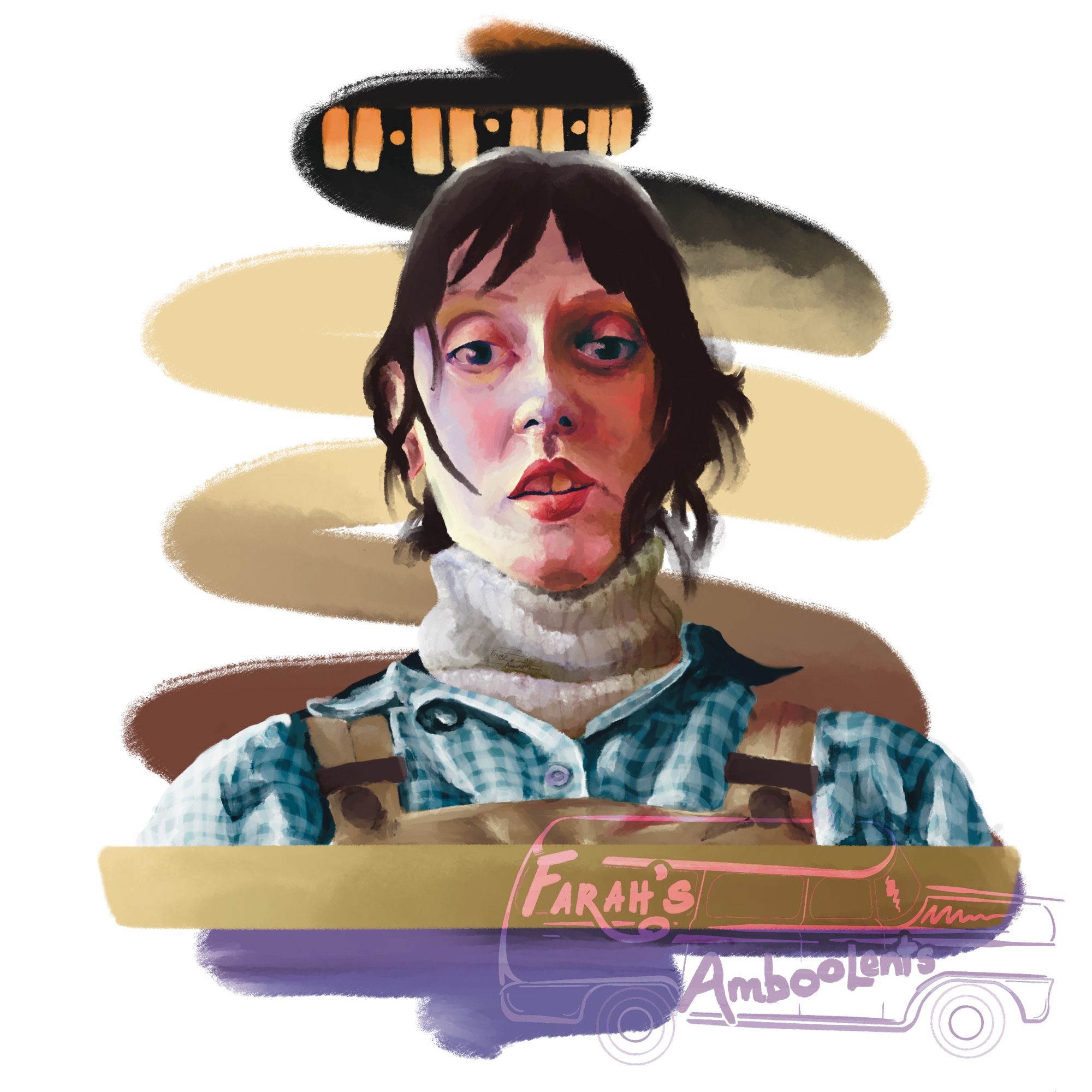 a digital portrait of Wendy from The Shining, from the scene in which she finds Jack’s typewriter. the style mimics oil paint. the background is a squiggle on top of a transparent or white background.