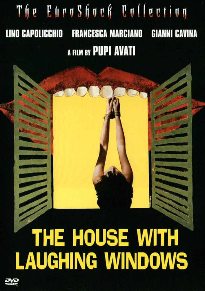 The DV cover for the Euroshock Collection DVD cover, showing two open window shutters and a large mouth, with the teeth over the window, laughing, as a body is hung inside the room, being tortured