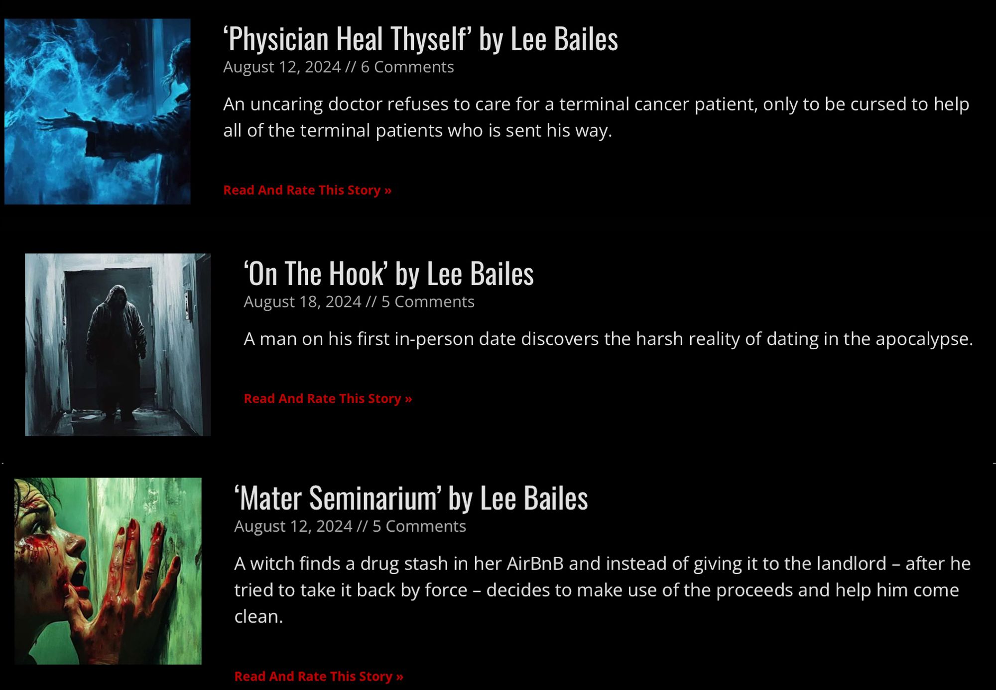 Screenshot of the TWISTED50 three stories as they appear on the website - showing PHYSICIAN HEAL THYSELF; ON THE HOOK; and MATER SEMINARIUM