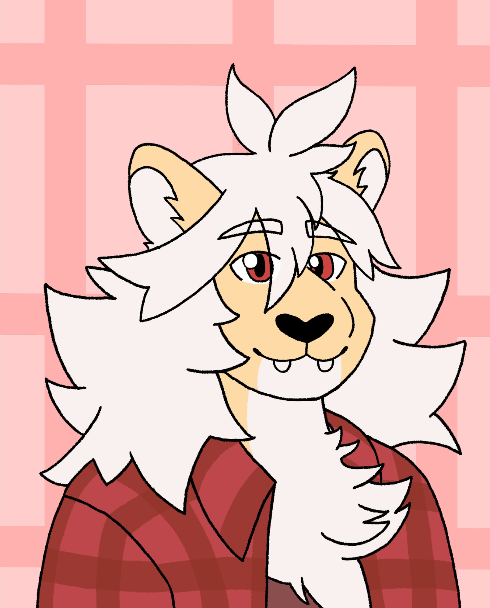 Headshot of an anthro lion wearing a plaid open shirt 