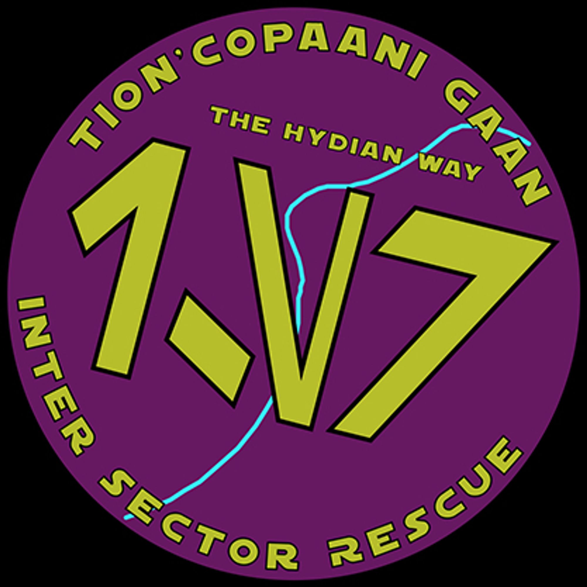 A circular logo with a teal line showing a path over a purple background. The words The Hydian Way are in small text over the path. Along the curve of the bottom are the name Inter Sector Rescue are shown. In the Star Wars font the letters I S R are shown.
Along the top curve there is the Mandoa phrase Tion'copaani Gaan meaning "need a hand?"