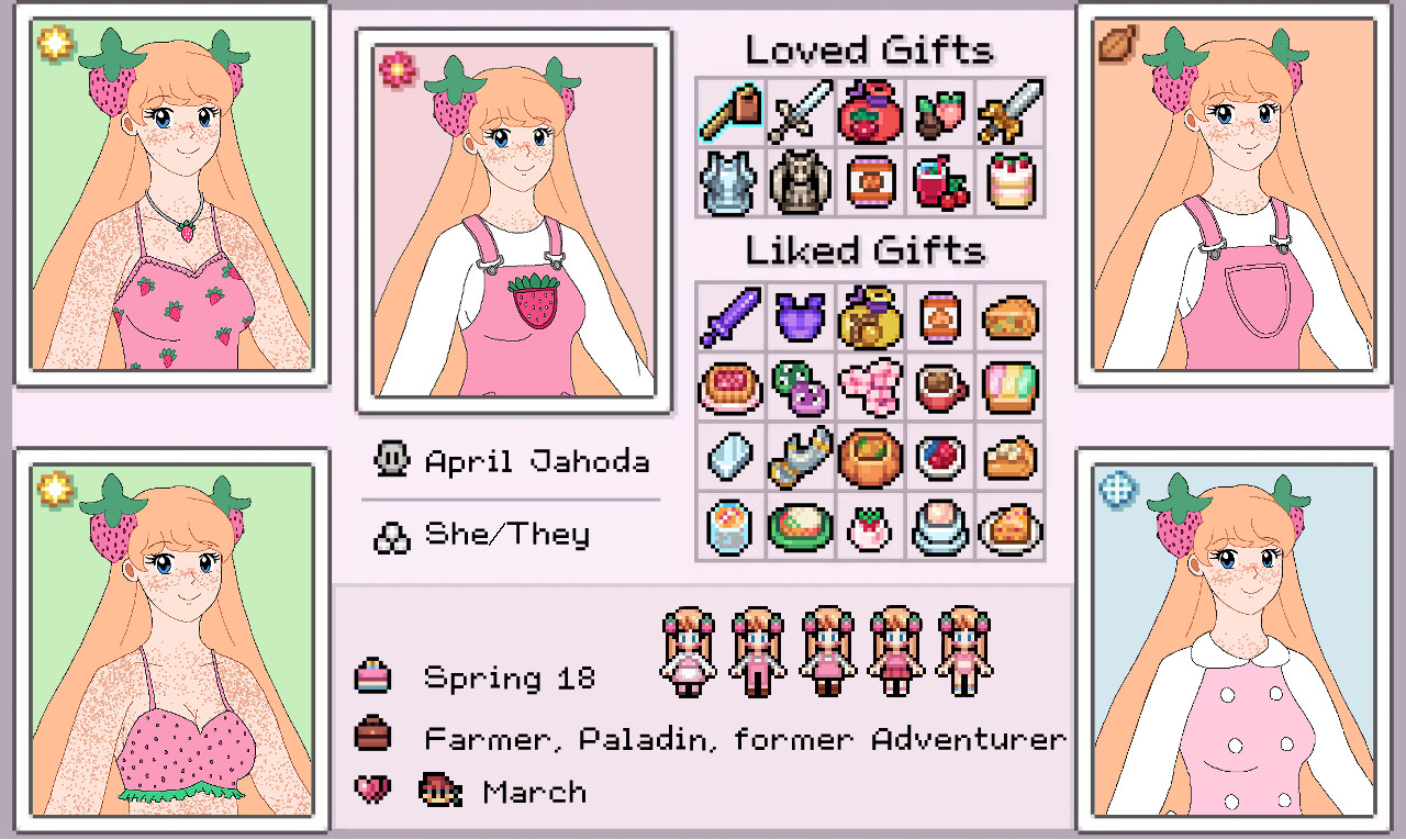 Bio sheet of Fields of Mistria Farmer April Jahoda. Features her Winter, Spring, Summer, Beach, and Autumn outfits and the items she likes including swords, armor, seeds, and sweets.