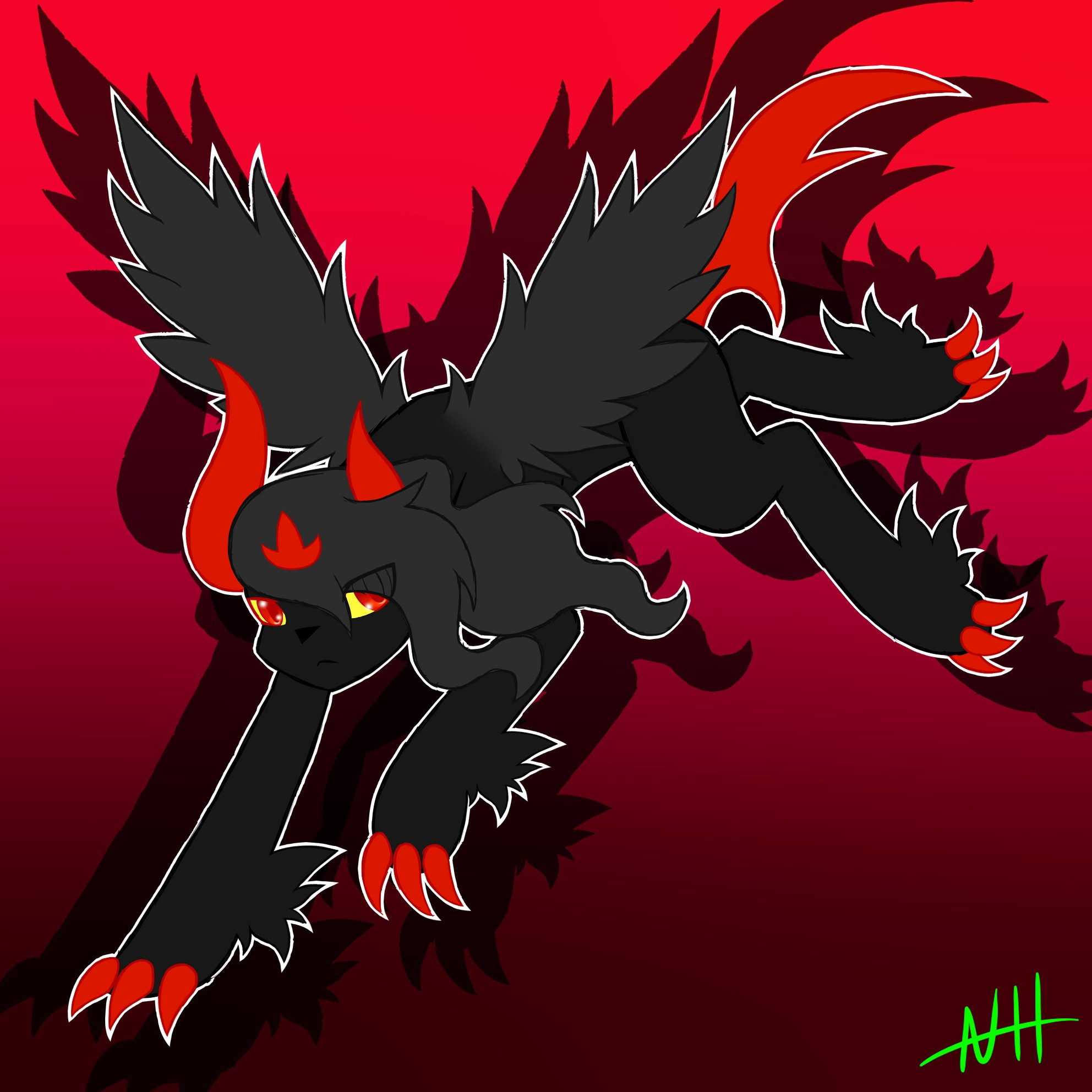 A sketch of Solus Hyperion, a black Mega Absol with wavy hair, dark red claws, horns, tail and eyes, on a dark red background, artwork The Great Lucario 🎨