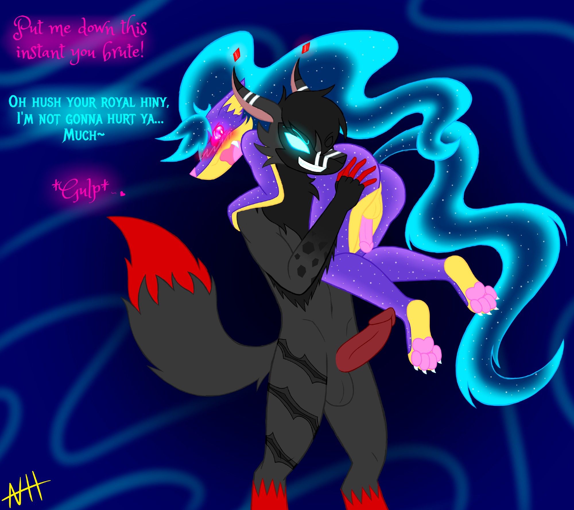 A sketch of Cassiopeia (a nude non binary purple and yellow jackal with a flowy blue Princess Luna like hair and tail, pink eyes, and their body, hair and tail is doted with glittery stars) being carries nude, thrown over the shoulder of a nude dark grey werewolf with a black mane, solid blue eyes, blood red tipped tail, fingers, and lower legs, with his right arm having a black fade to it. The text says "Put me down this instant you brute!" "Oh hush your royal hiny, I'm not gonna hurt ya... Much~" "*Gulp*" Artwork by The Great Lucario