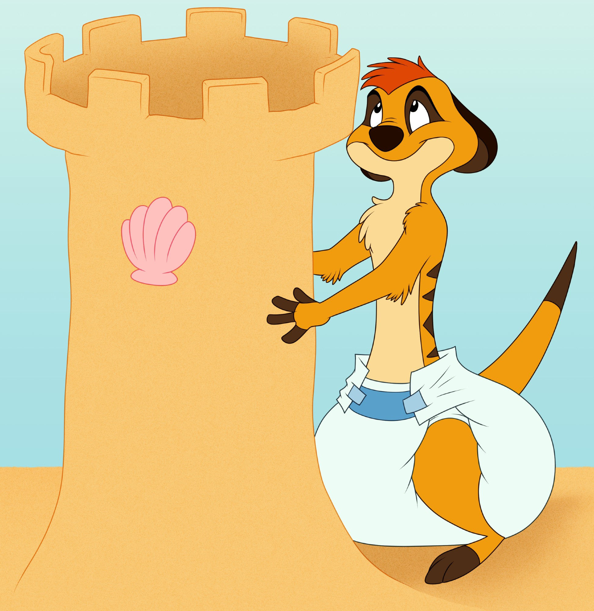 Timon from The Lion King building a sandcastle in a messy diaper.