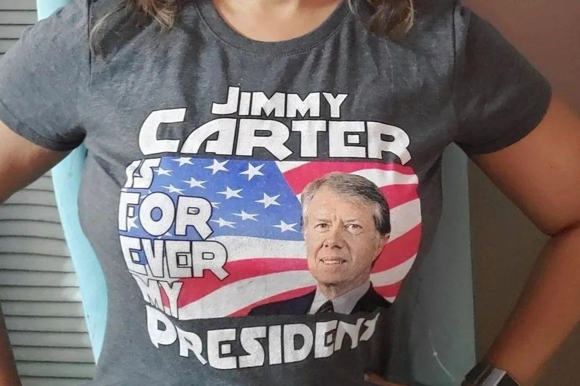 Torso wearing t-shirt that says: Jimmy Carter is my forever president.