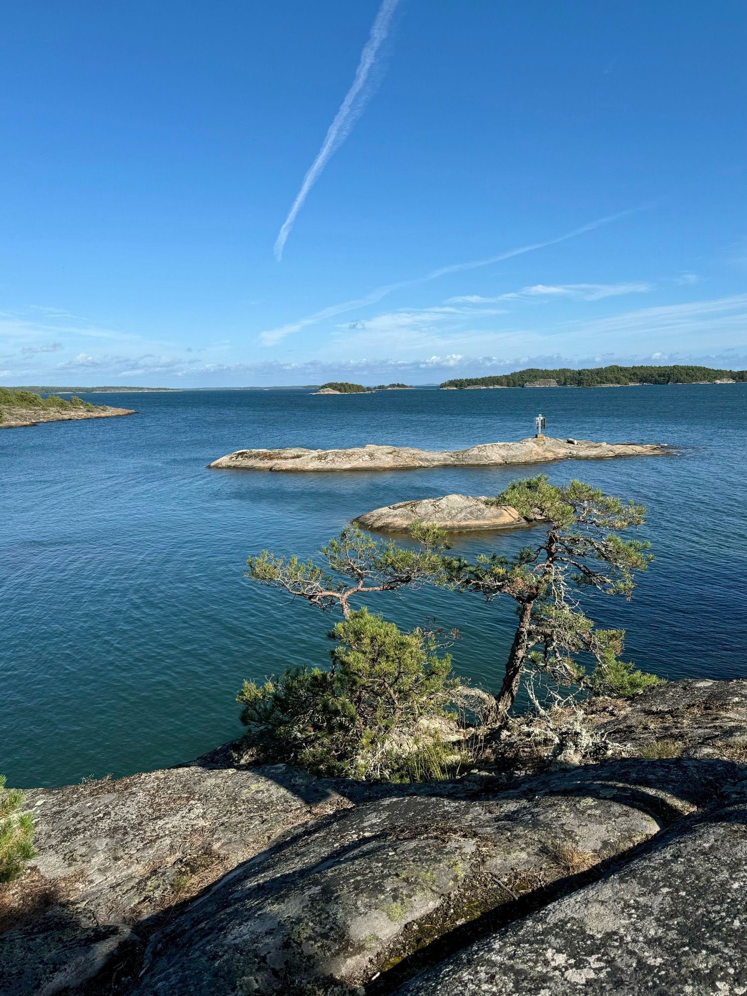 A view from a cliff overlooking blue water, small rocky islands and blue sky. Small pine trees grow on the cliff that is smooth and grey.