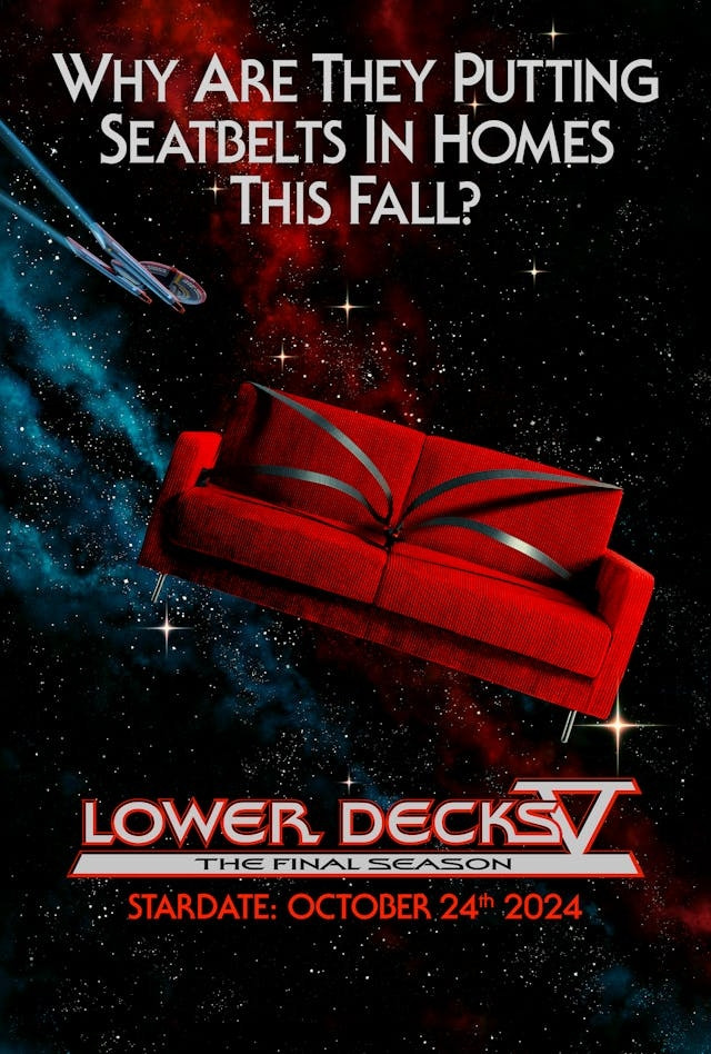 Promotional poster for Star Trek Lower Decks Season 5. The poster is done in the style of the Star Trek V movie poster.