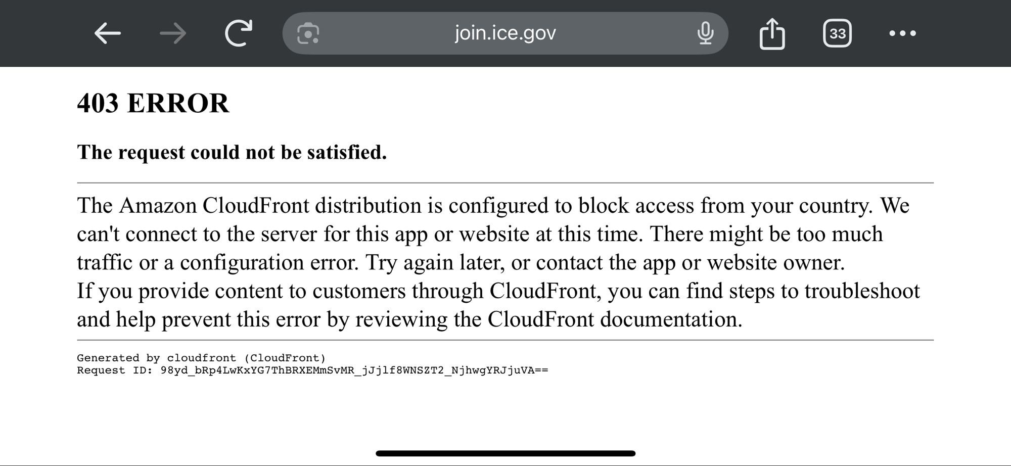 Screenshot from Joi.ice.gov: the side is not accessible from outside of the USA