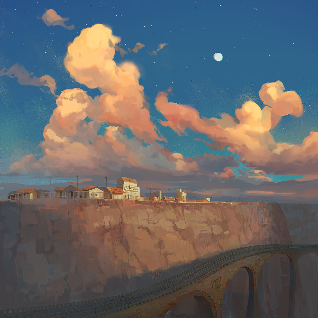 mattepainting of a city on the edge of a cliff; it's catching the last rays of sunlight. at the side of the cliff there's a railway.