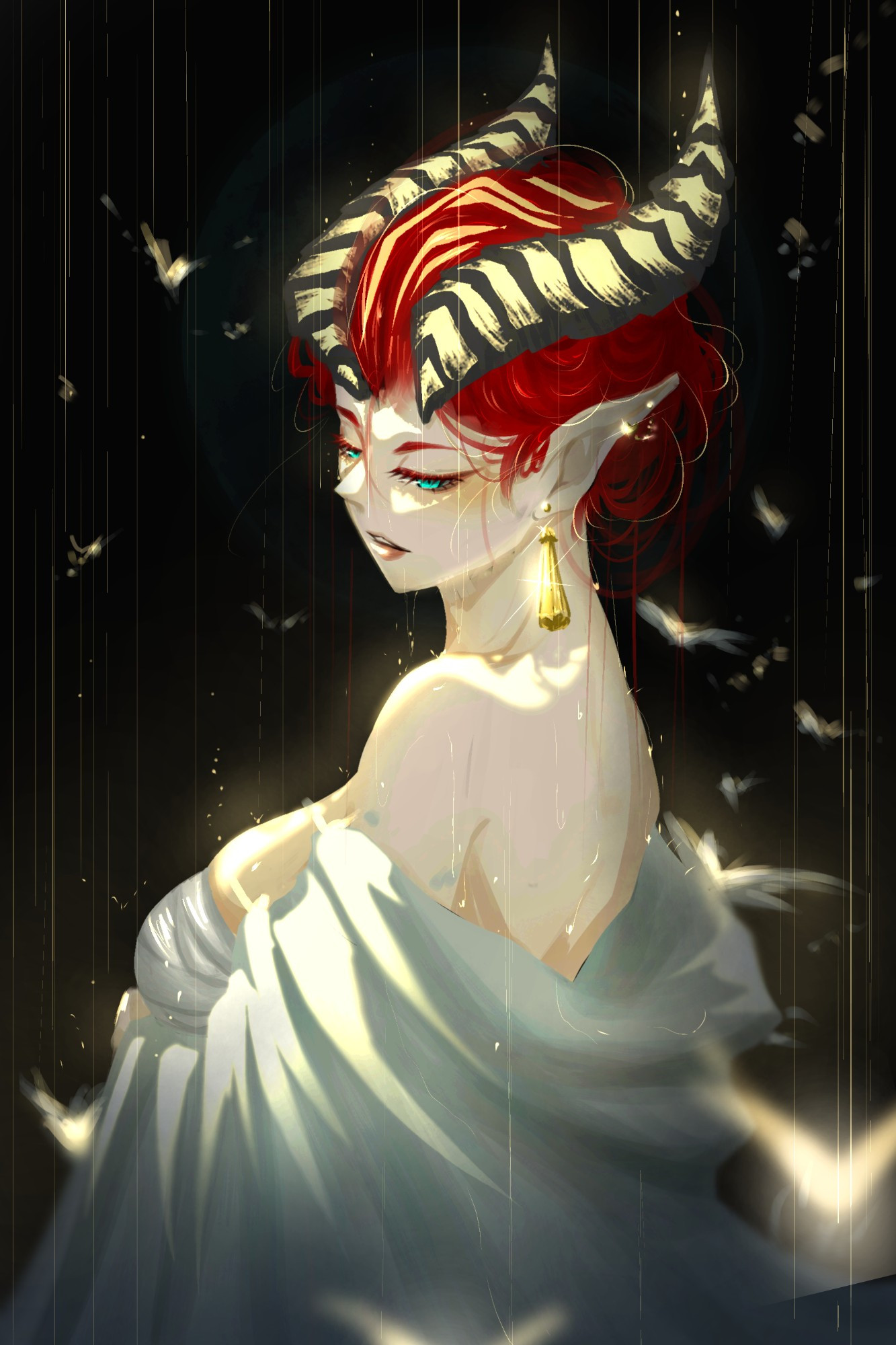 Digital Painting of Original Character , Red hair dragon empress wearing a white sash and a white cloak with gold earring ( Inspired by the Anime Magi the Kingdom of Magic) 

Created while listening to Ear in Grain ❤️