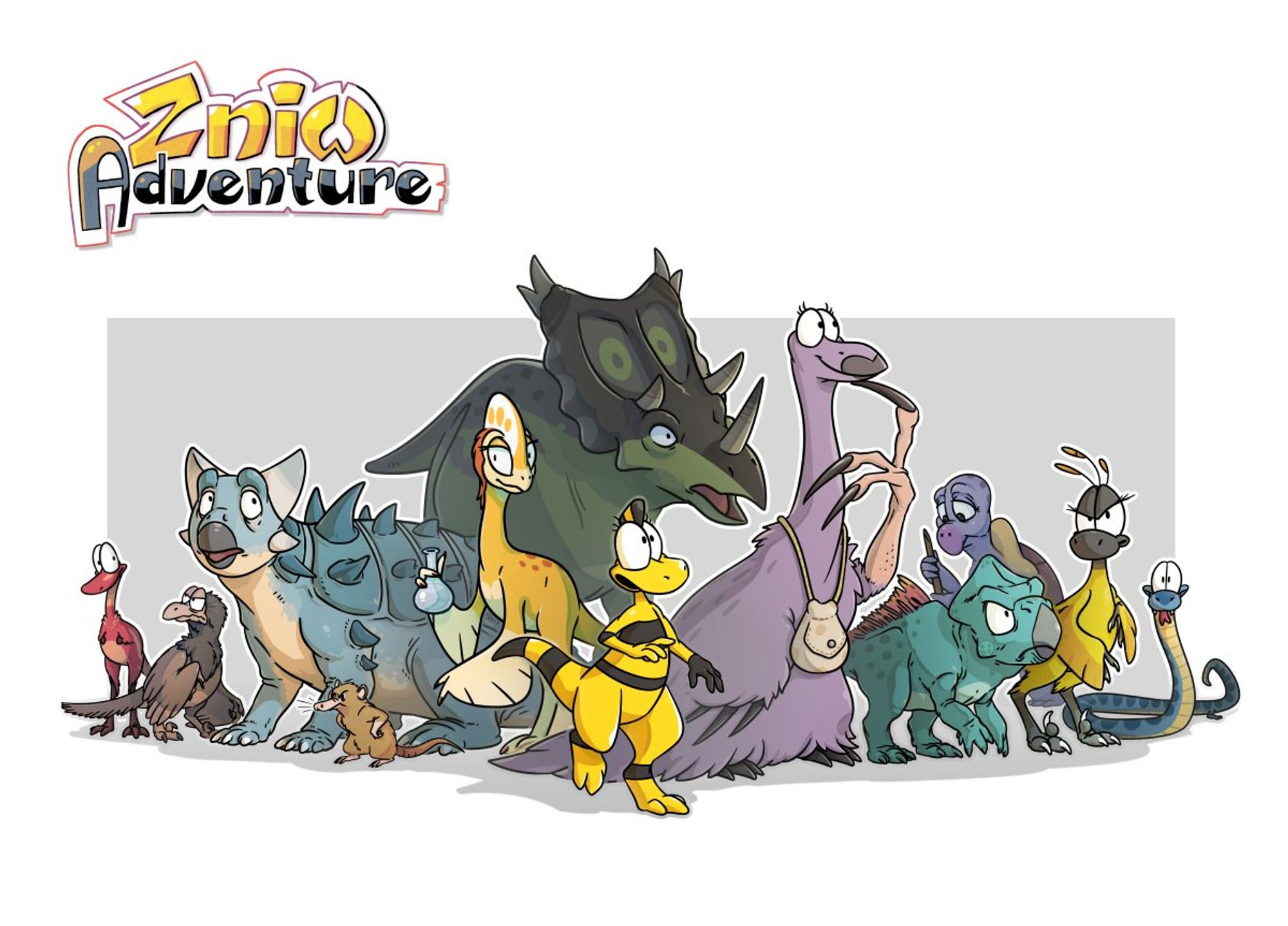 Zniw Adventure promo artwork - several of the game's characters in one place (Albertonykus, Hesperonychus, Euoplocephalus, Caenagnathus, Chasmosaurus, Zniw herself, Notronychus, Unescoceratops, Adocus, Troodon and Snake)