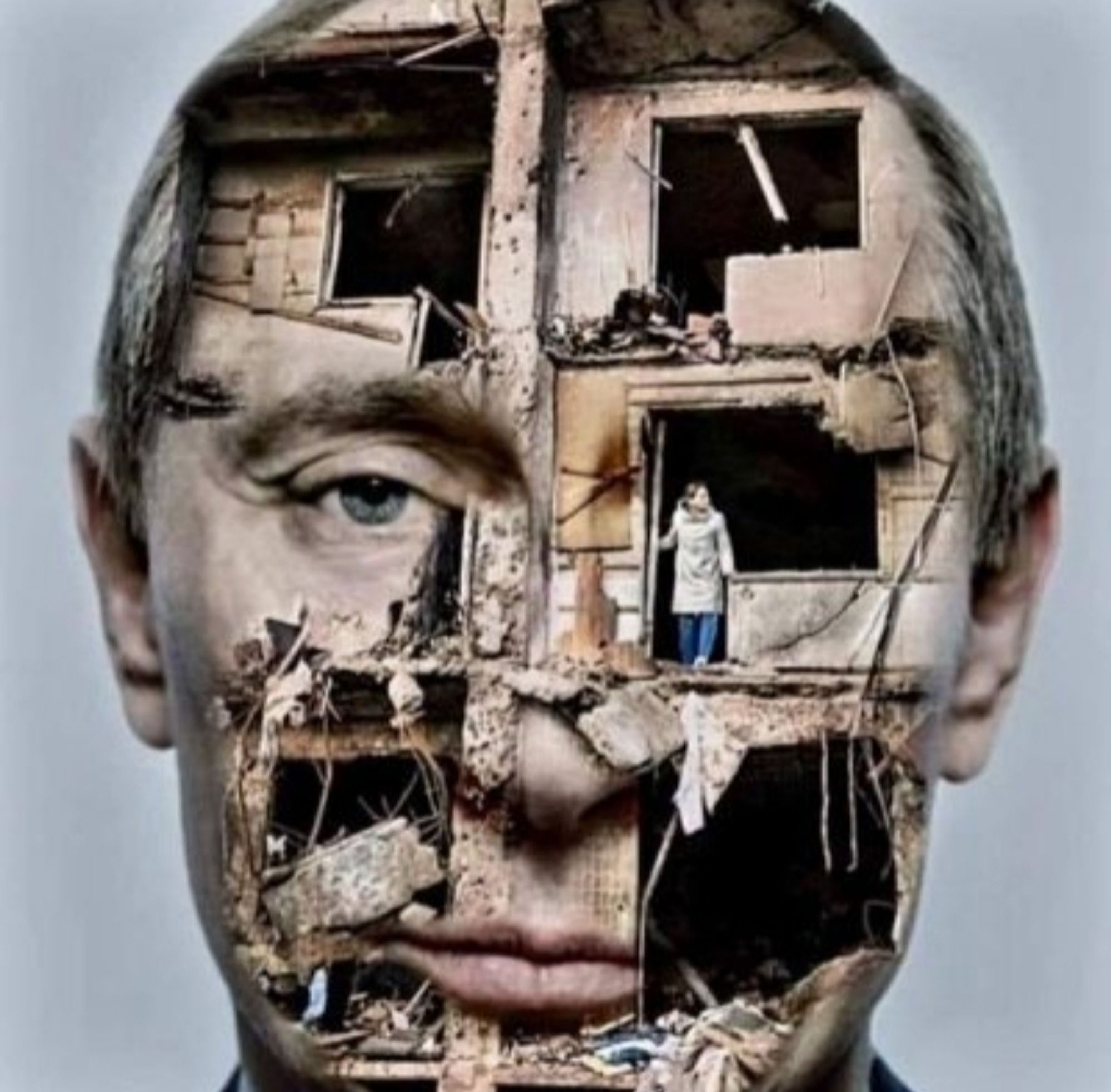 Fotomontage des Gesichtes von Putin und eines zerbomten Hahses