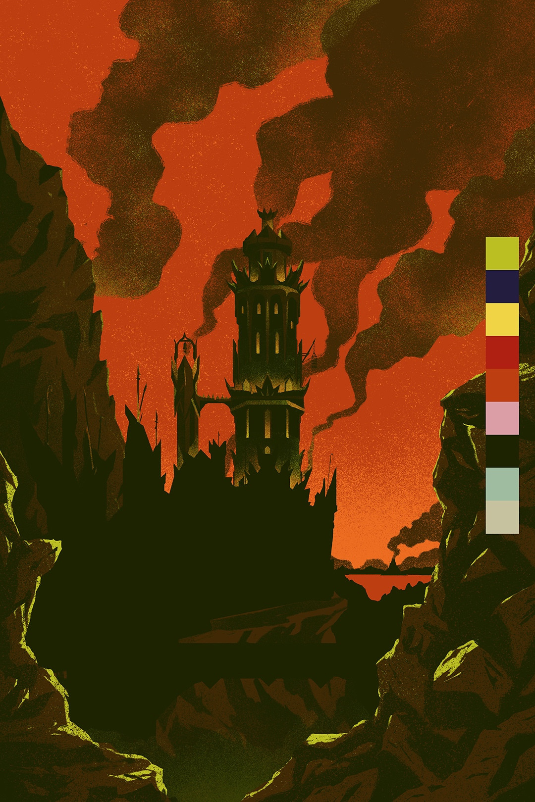 Half Finished Illustration of the Tower of Cirith Ungol in Mordor. In the foreground a black stony path is rim lit with a sickly green light. A miasma hovers in the chasm below. In the middle ground is a cliffside fortress accessible via stone bridge. so far only the top of the tower is lit with the same sickly green. Columns of smoke billow out of the tower. in the background over the Ethel Duath and plains of Gorgoroth, Orodruin churns out a sulphurous fume into the red sky.

Gonna add some goblins and whatnot in the foreground eventually.

On the right is the working palette. I am using the Sonny Ross Muppet Colour Theory for this one.