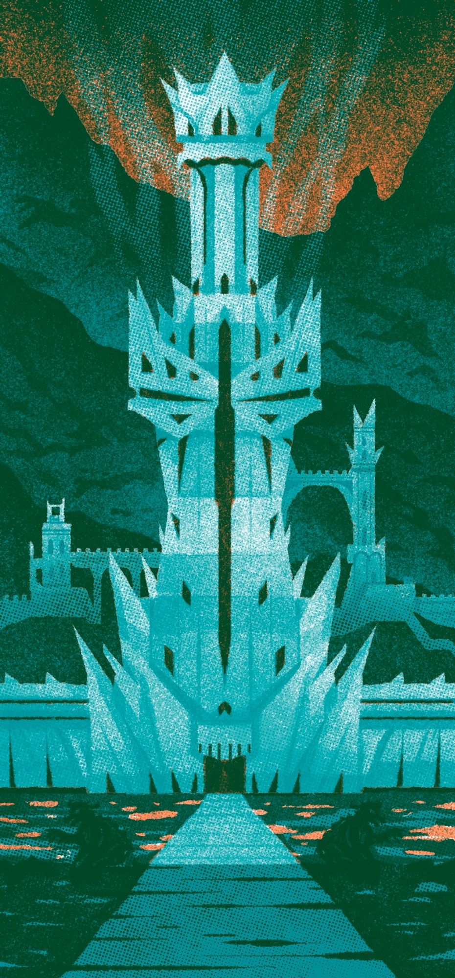 Illustration of Minas Morgul in teal and orange.