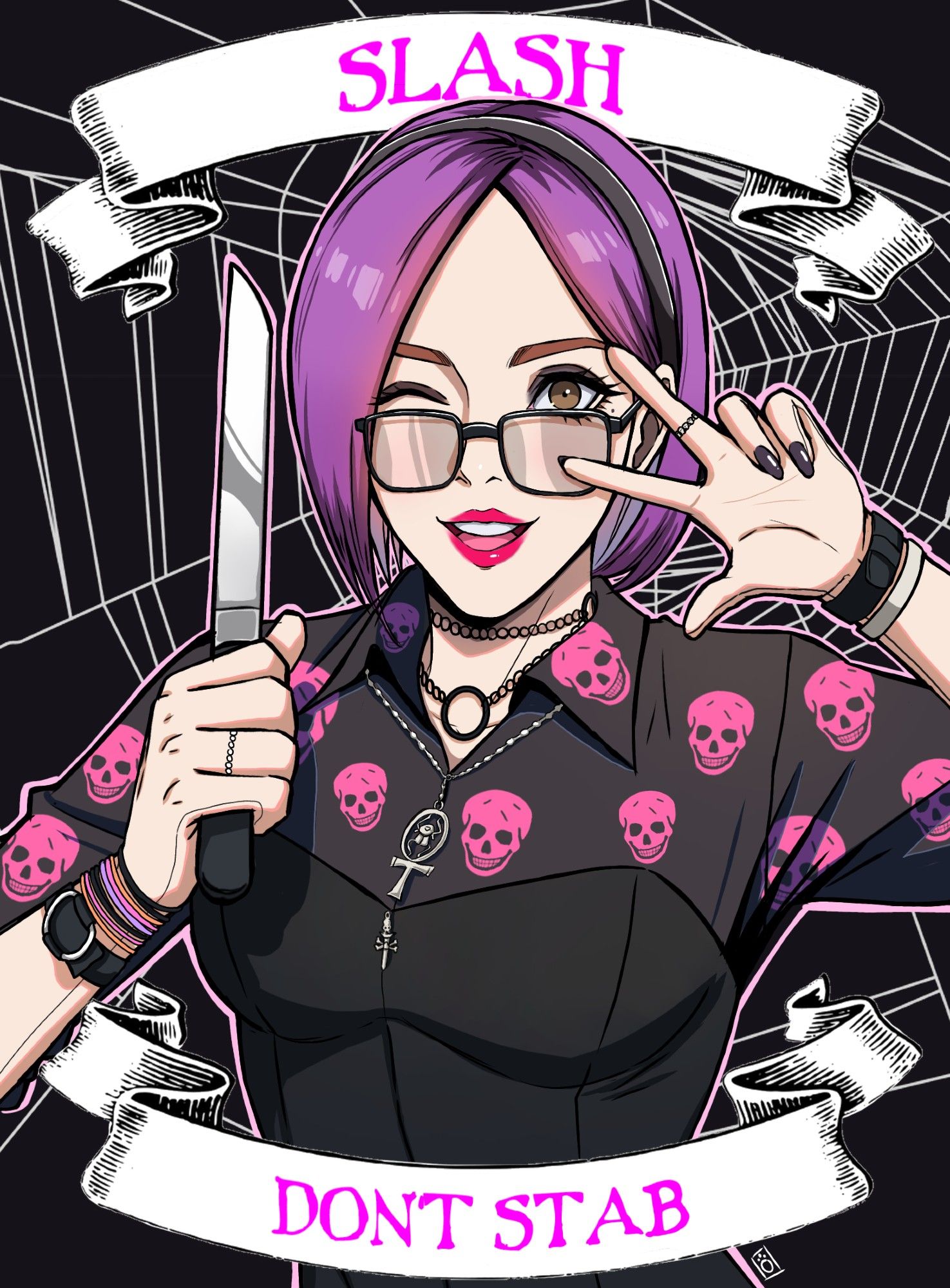 An illustration of Sidore Kuroneko, a RealDoll by Abyss creations, by oyenpaws: she's wearing a black blouse with magenta skulls; a velveteen bustier; several bracelets of fuschia, black, and silver; a black chain choker; and a black hairband over a short purple bob with long fringe. She's cheerfully winking at the viewer, is flashing a peace sign with her left hand, and holding a Liston knife in her right. Seam lines can be seen running along her wrists. Behind her is a large spiderweb, and above and below her is a white banner with the phrase SLASH DON'T STAB in magenta