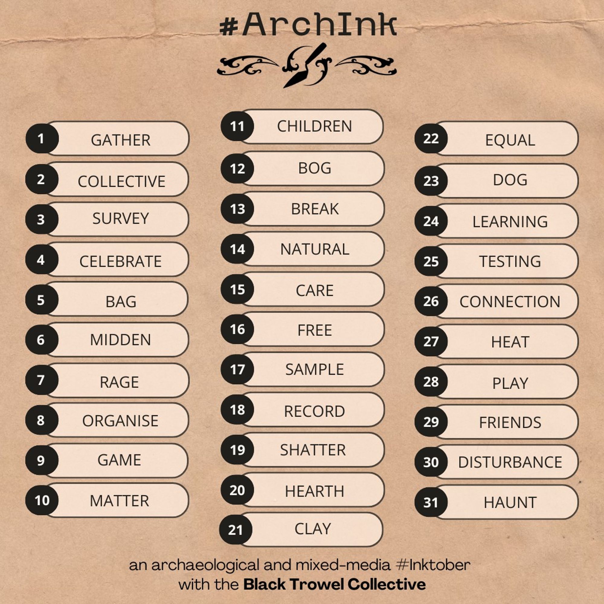 List of prompts for #archink created by the Black Trowel Collective. 1) Gather 2) Collective 3) Survey 4) Celebrate 5) Bag 6) Midden 7) Rage 8) Organise 9) Game 10) Matter 11) Children 12) Bog 13) Break 14) Natural 15) Care 16) Free 17) Sample 18) Record 19) Shatter 20) Hearth 21) Clay 22) Equal 23) Dog 24) Learning 25) Testing 26) Connection 27) Heat 28) Play 29) Friends 30) Disturbance 31) Haunt