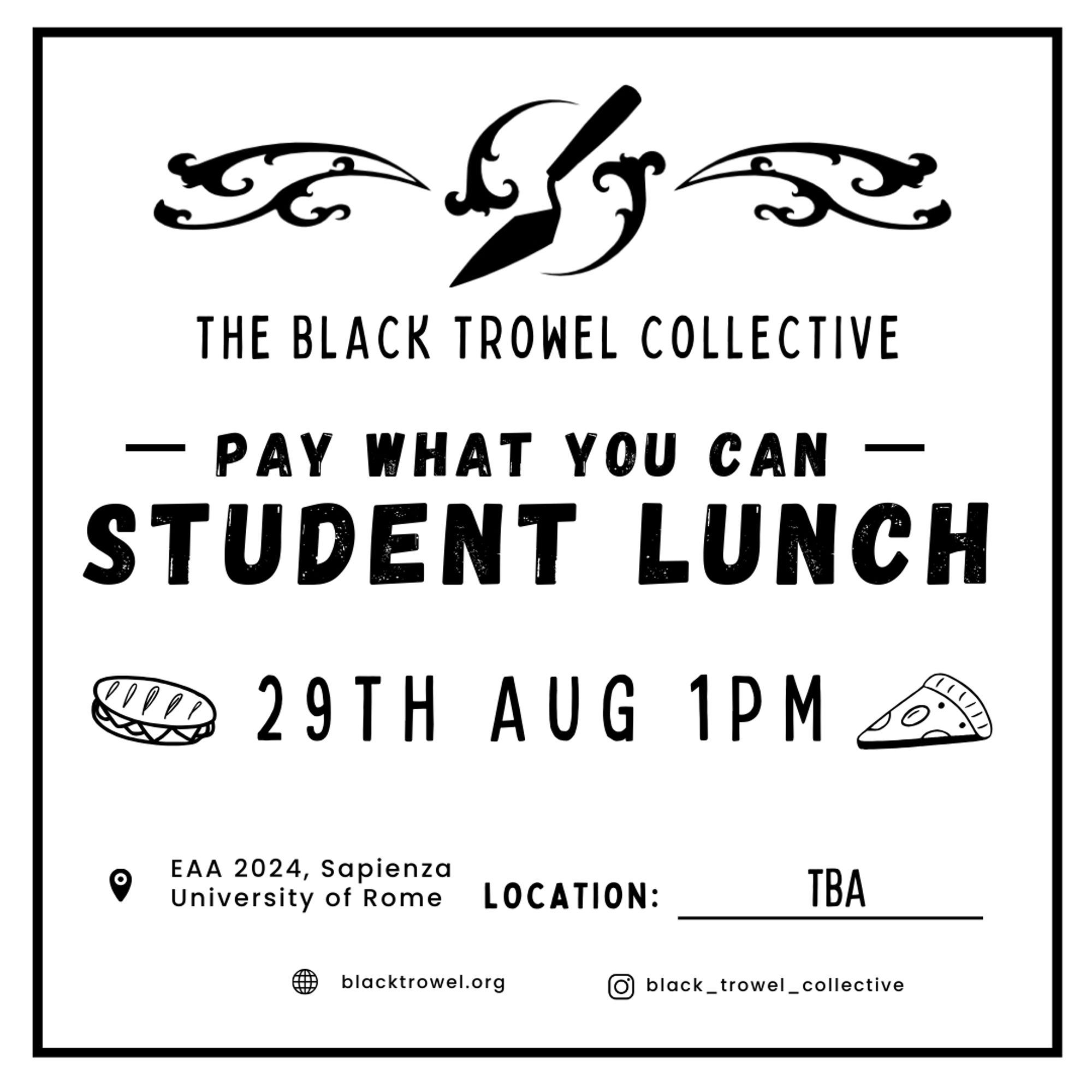 invitation to the BTC party what you can student lunch repeating the same details as the post but with cute sketches of a pizza slice and a sandwich