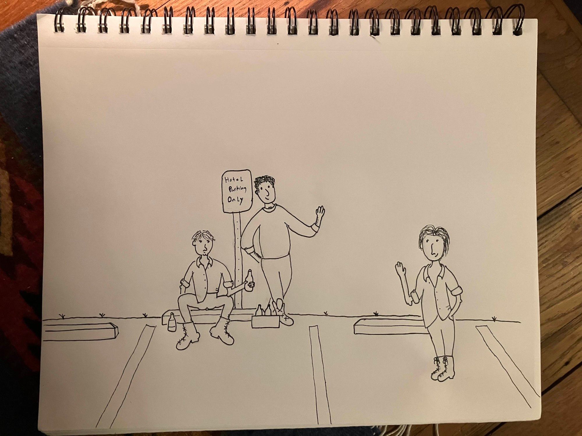 a notebook with a simple pen drawing of three people in workwear in a parking lot. they're waving to each other and one has a six pack with an open bottle in their hand