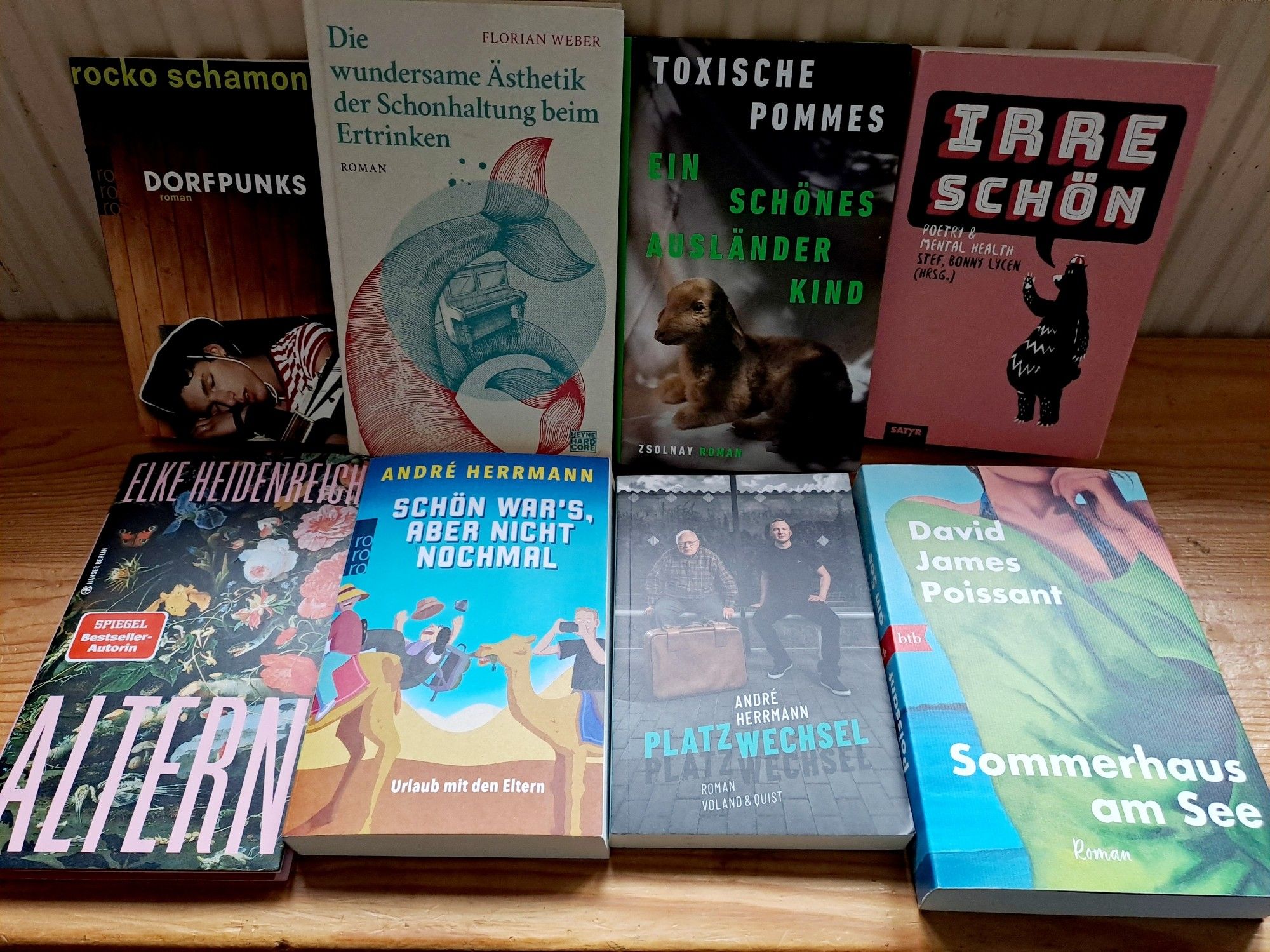 8 Bücher: "Dorfpunks" Rocko Schamoni
"Die wundersame Ästhetik der Schonhaltung beim Ertrinken" Florian Weber
"Ein schönes Ausländerkind" Toxische Pommes
"Irre schön" Stef, Bonny Lycen (Herausgeber)
"Altern" Elke Heidenreich
"Schön wars, aber nicht noch mal" Andre Herrmann
"Platzwechsel" Andre Herrmann
"Sommerhaus am See" David James Poissant