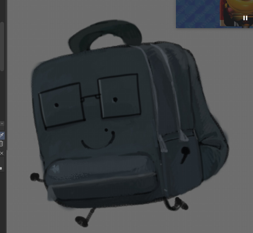 A rendered drawing of an anthropomorphic black bookbag, smiling in a cheering pose.