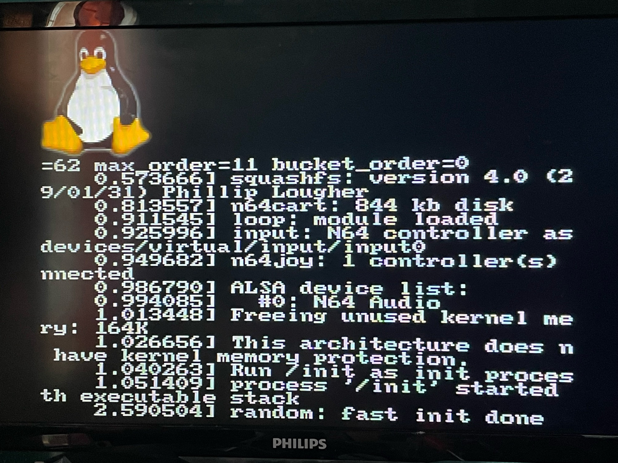 Linux boot logs on screen, video output from a real N64