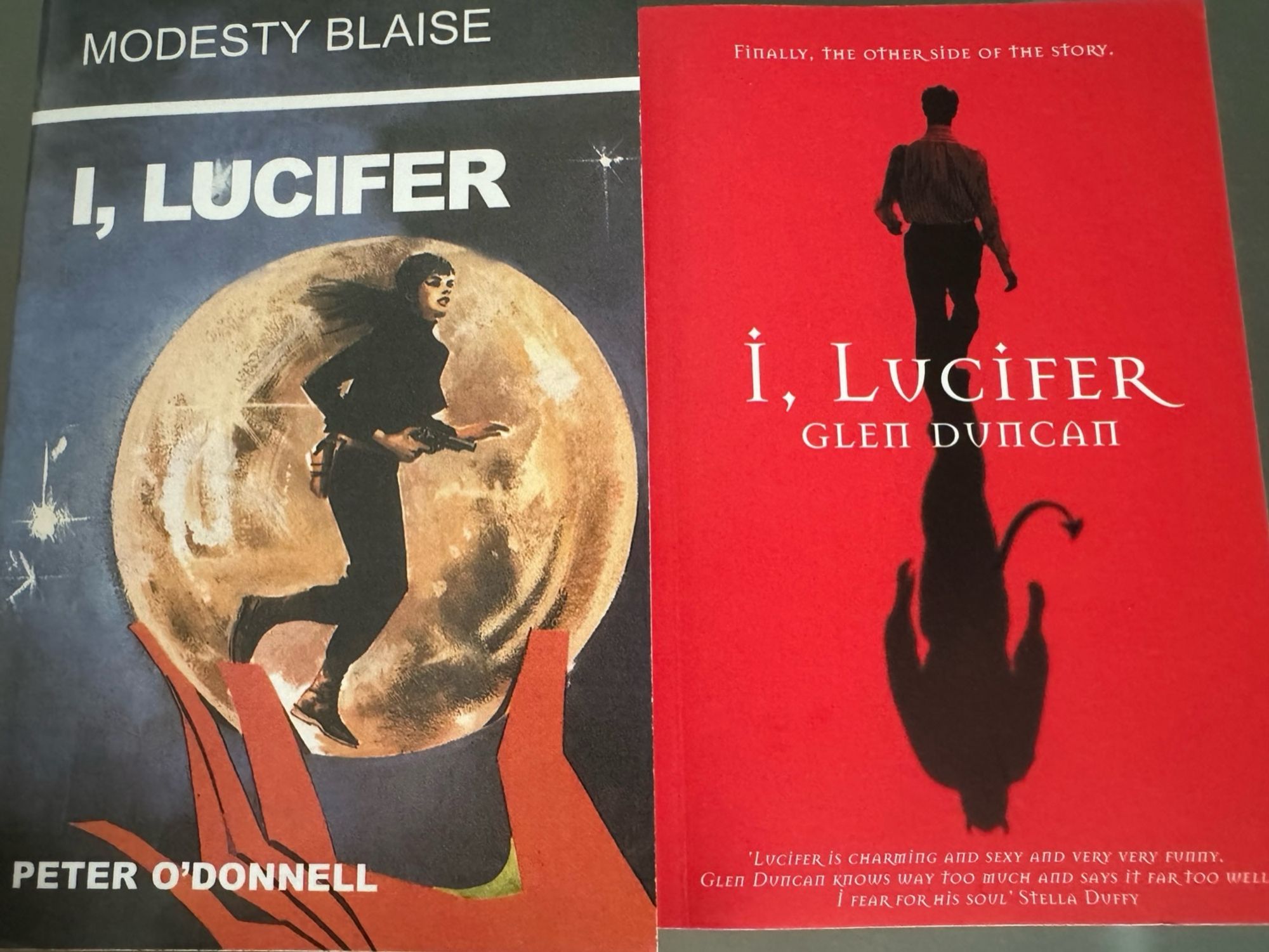 Covers of two paperback books with the title “I, Lucifer.” First by Peter O’Donnell. Second by Glen Duncan.