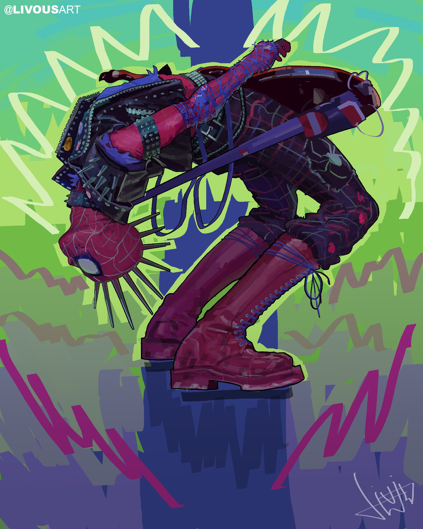 Arte digital feita por @livousart. A ilustração é basicamente o Hobie Brown, o Punk Aranha, na sua versão apresentada no filme Across the Spider-Verse. Hobie está tocando guitarra, fazendo uma pose extremamente exagerada, dobrando suas pernas e jogando seu corpo para trás mas ainda mantendo-se em pé, quase encostando a cabeça no chão. 