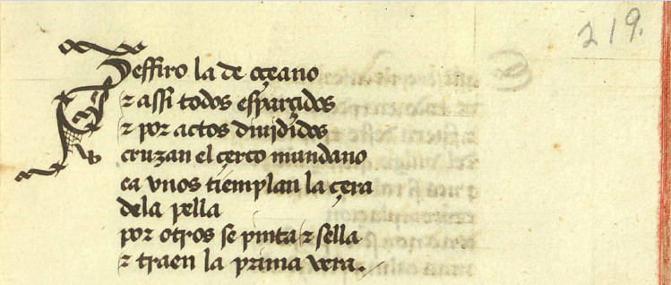 Detalle del folio 219r del Cancionero del marqués de Santillana (Bib. Universitaria de Salamanca, ms. 2655