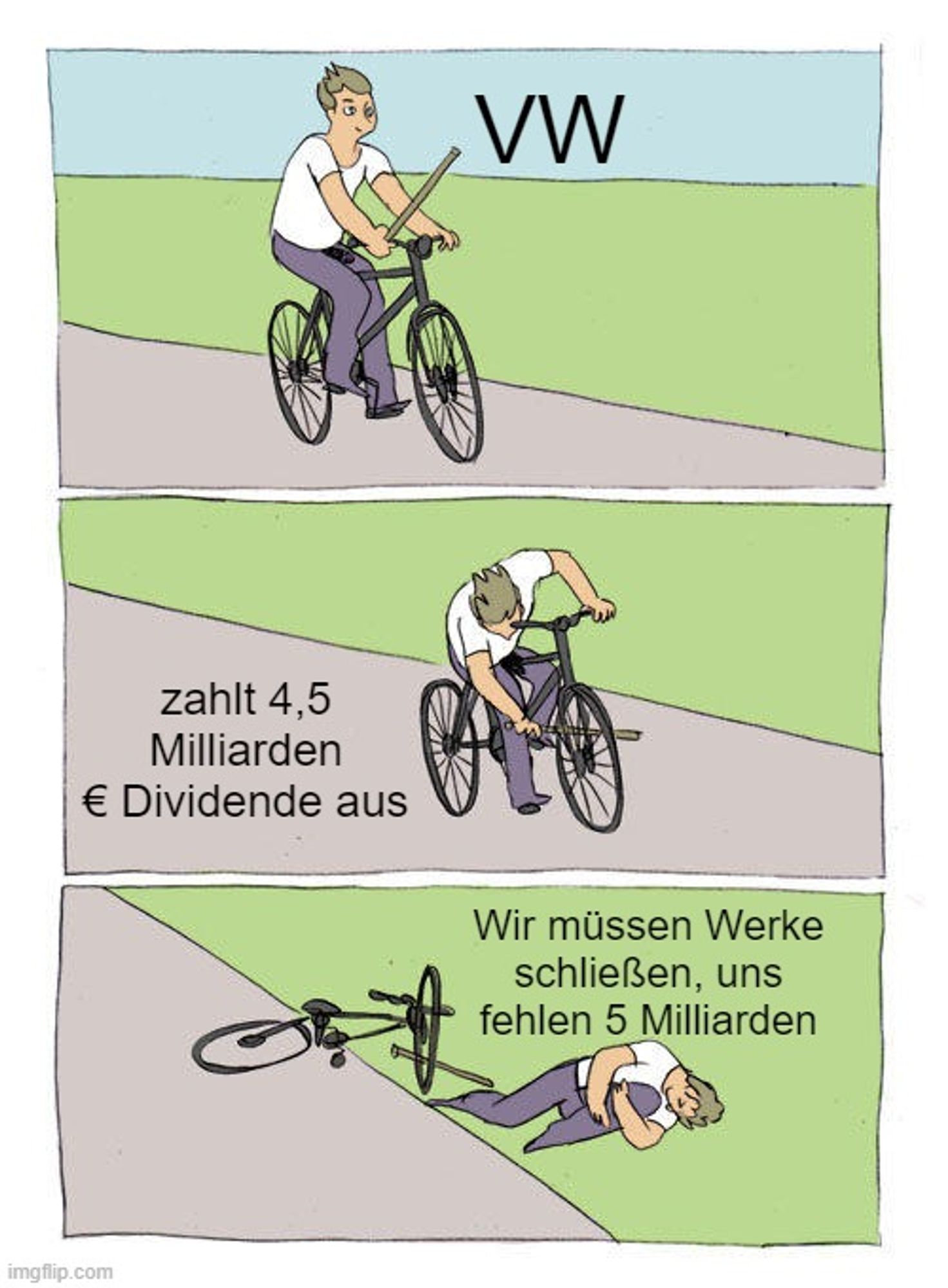 Bikefall Meme

das Fahrrad ist VW

der Stock zahlt 4,5 Milliarden € Dividende aus
der am Boden liegend sagt Wir müssen Werke schließen, uns fehlen 5 Milliarden