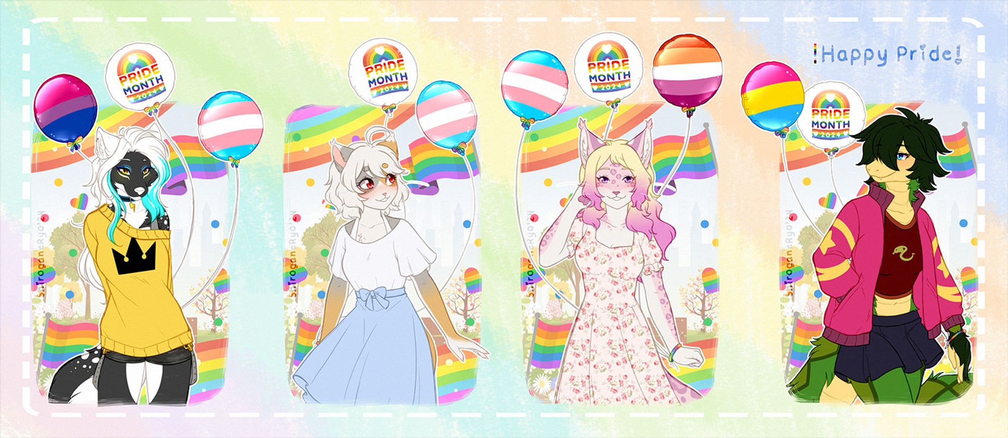 4 drawings of anthropomorphic characters, each holding a set of Pride Month-themed balloons, featuring the flags for bisexual, transgender, lesbian and pansexual.